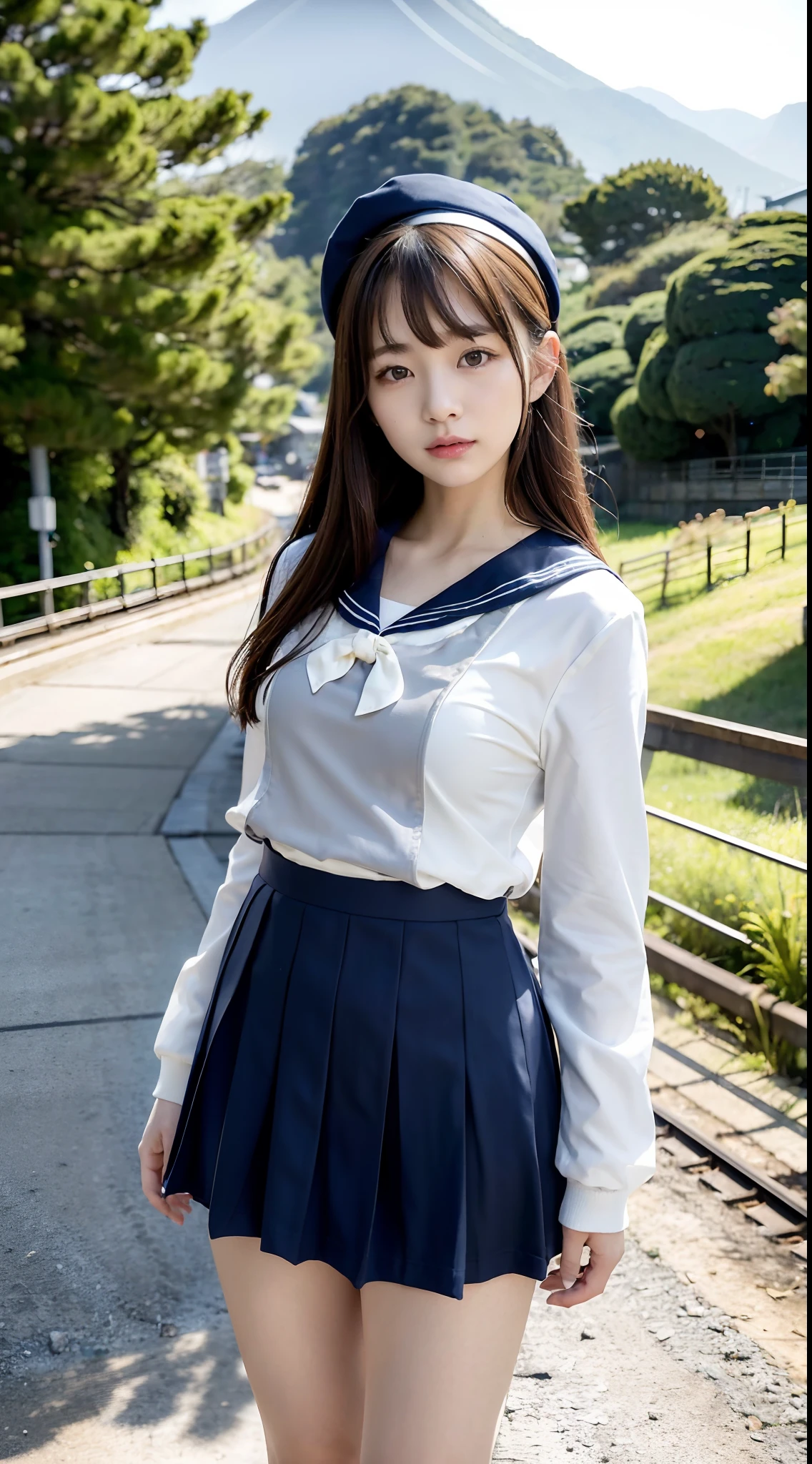 mix4, (16 K, Raw photography, Top image quality, masterpiece: 1.45), (realisitic, Photorealsitic: 1.37), one girls, 7.5, etc、Random hairstyle、Standing figure,Morning time slot、a very cute,countryside view,, profetional lighting, photon maping、physically-based renderingt, Gradient dark brown hair,, a handsome, Well-groomed and beautiful eyes、Large double eyelids、Very shiny、girl with, (((student clothes、Winter clothes、Sailor suit worn by Japan schoolgirl、Navy blue sailor color、scarf、a miniskirt, Small beret、high socks、lowfers))), Top Quality Photos, hight resolution, 1080p, (clearface), (Detailed face description), (Detailed hand description), (masterpiece), (Exquisite CG)、extreme light and shadows、dishevled hair、master work、abundant detail、(Fine facial features)、(top quality photo)、(masuter piece)、(A detailed eye)、Look in front of you、Fine clavicle、((Slender big))、(((Japan schoolgirl in sailor suit)))、((Idle system))、((country、train track、railroad crossing、Mountains in the distance々))、(((neat and cute)))、耳Nipple Ring、A big smile、Drawing the whole body from the knees、Do not draw nasolabial folds、(((Cute sailor suit)))、(Big breasts that hang down big:1.2)、Big buttocks with tension、Two arms and two legs、(((from the front side:0.3)))、bare hand、No mask、