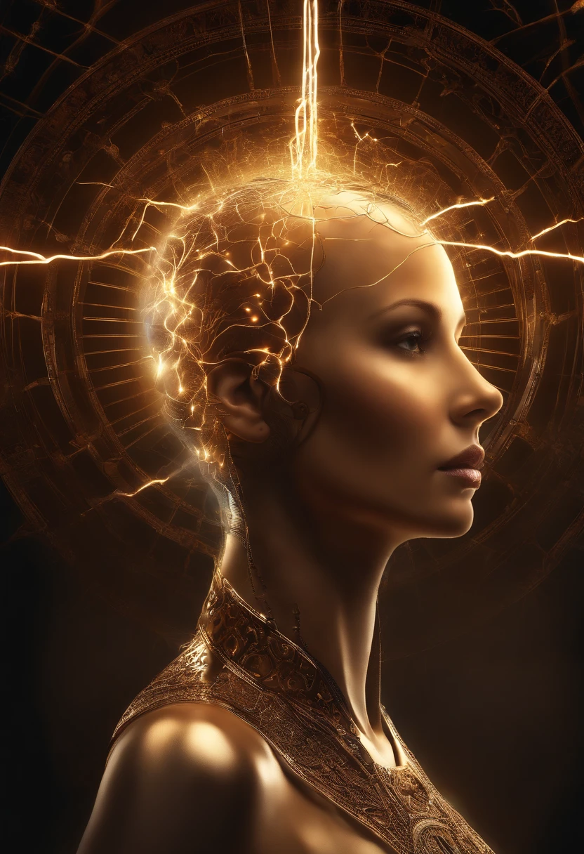 Woman with a shiny head and a flash sticking out of her head, It attracts lightning, Character of the mind, Stimulant Nootropique, Projection de conscience, detailed glowing head, Merveille neurologique, surcharger, glowing head, Visible circuits in the head, Mind Control, exploding head, Tragedy of the Spirit - Driven, neurosciences, neural, Matte painting of the human mind