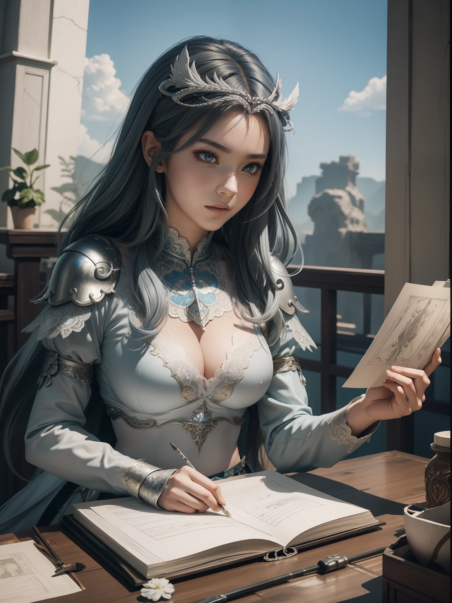 Silver hair,hentail realism, shadowing,，character sheets, reference sheet, Standing painting, 8K, Super detail, 1080p, Women's HD，femele, 16k, high resolution, Best quality, High quality, Anatomically correct, Masterpiece, ccurate, hyper HD，As graceful as a swan，unreal-engine， Ghibli-like colors,   anime big breast,  Standing painting, angle of view,battle armor，ssee-through，Lace skirt，Fluorescence behind it，showing belly