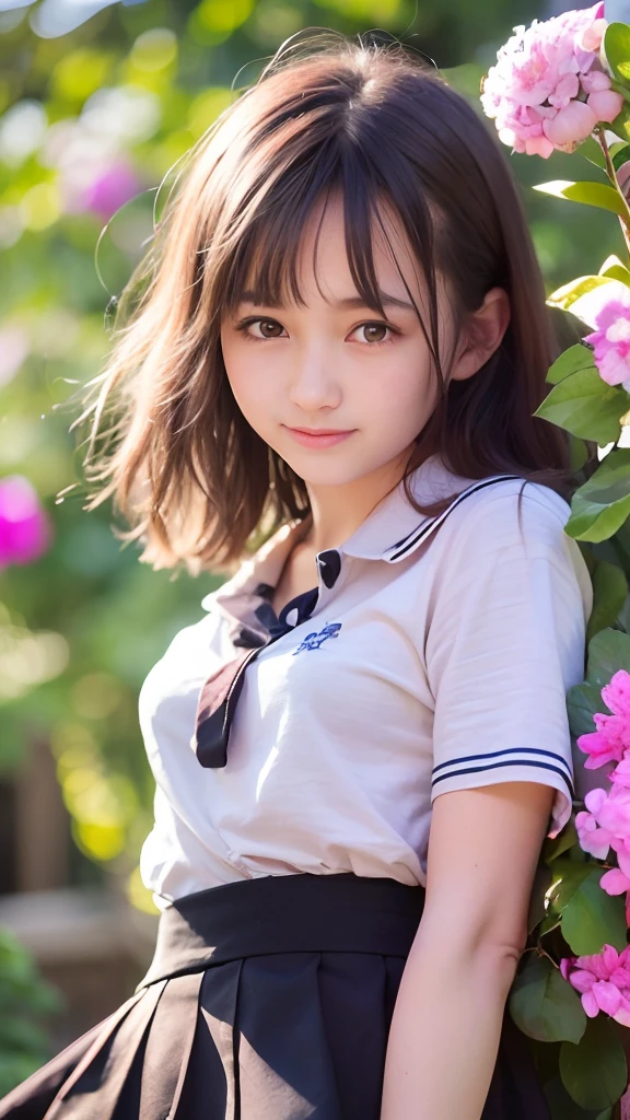 (BEST QUALITY, MASTER PIECE, ULTRA HIGH RESOLUTION, (PHOTOREALISTIC:1.4), RAW PHOTO), 1girl, 16-years-old, (upturned ass, beautiful and small buttocks), (amazingly Cute and babyish face, very cute smile, Black hair),wearing poro shirts and pleated mini skirt, ((skirt lift)), Sunny Outdoors, Stand and pose romantically