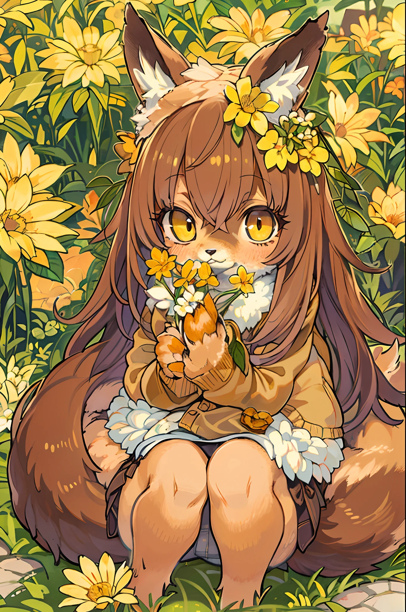 Fox, (Monster Girl), long brown ears with a dark brown inside,, brown fur, Sunburned neck fluff, brown fluffy tail with a yellow-brown tip,, Big brown eyes, wearing modest clothing, Sitting in the flower garden, masutepiece, Best Quality