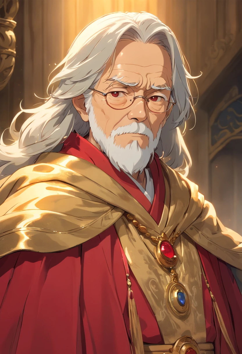 (((((male))))), masterpiece, ultra detailed, 8K Portrait, Raw photo, a portrait photo of, Highly detailed face, ((Fantasy)), (((old man))), (((king))), ((crown)), wears a lot of jewelry, white long wavy hair, strong beard, (((gold silk long cloak))) Fluttering in the wind, (((Crimson long robe))), by the throne, Midday Sun, Hyper realistic, Strong body, in a larger Audience room, Ambient lighting, Shadow details , Camera focus on face, strong breeze, Light fog