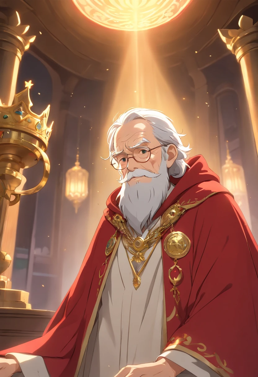 (((((male))))), masterpiece, ultra detailed, 8K Portrait, Raw photo, a portrait photo of, Highly detailed face, ((Fantasy)), (((old man))), (((king))), ((crown)), wears a lot of jewelry, white long wavy hair, strong beard, (((gold silk long cloak))) Fluttering in the wind, (((Crimson long robe))), by the throne, Midday Sun, Hyper realistic, Strong body, in a larger Audience room, Ambient lighting, Shadow details , Camera focus on face, strong breeze, Light fog