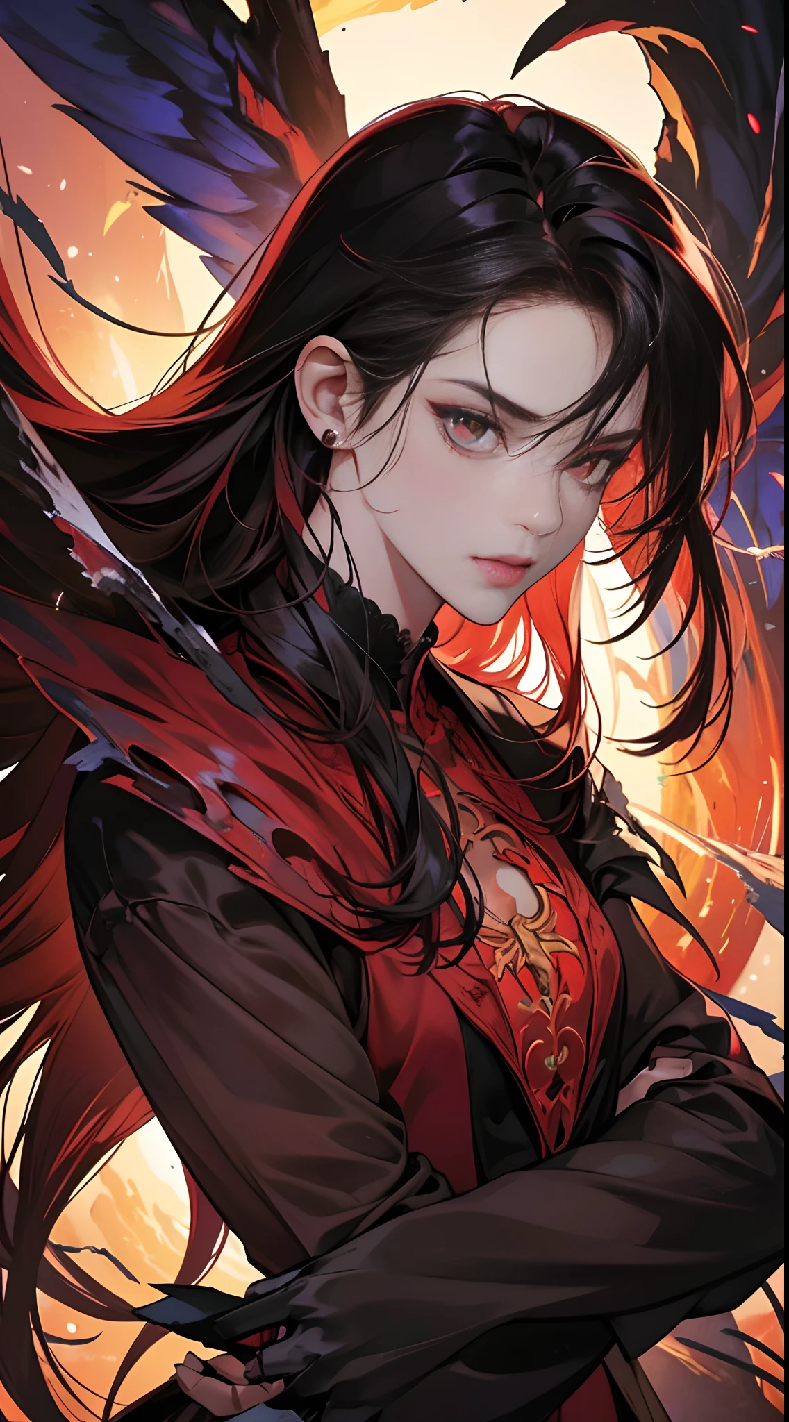 (Best Quality,4K,High resolution), 18yo woman, Red mesh hair on black hair, Long hair, Straight hair, , Comical appearance,(Best Quality,4K,High resolution), 18yo woman, Red highlights on black hair, Long hair, Straight hair, Transforming Woman,An abnormal,Cold eyes ,sharp eye,distressed look,Red glowing eyes,Facial expression enhancement,,Changing the Appearance of a Transform,beast,Beastification,Evil Fight,buttle,Delicate illustrations drawn in detail,Torn clothes with decoration,Disheveled clothes,Realistic portrayal,Vibrant colors,expresive,Classic background