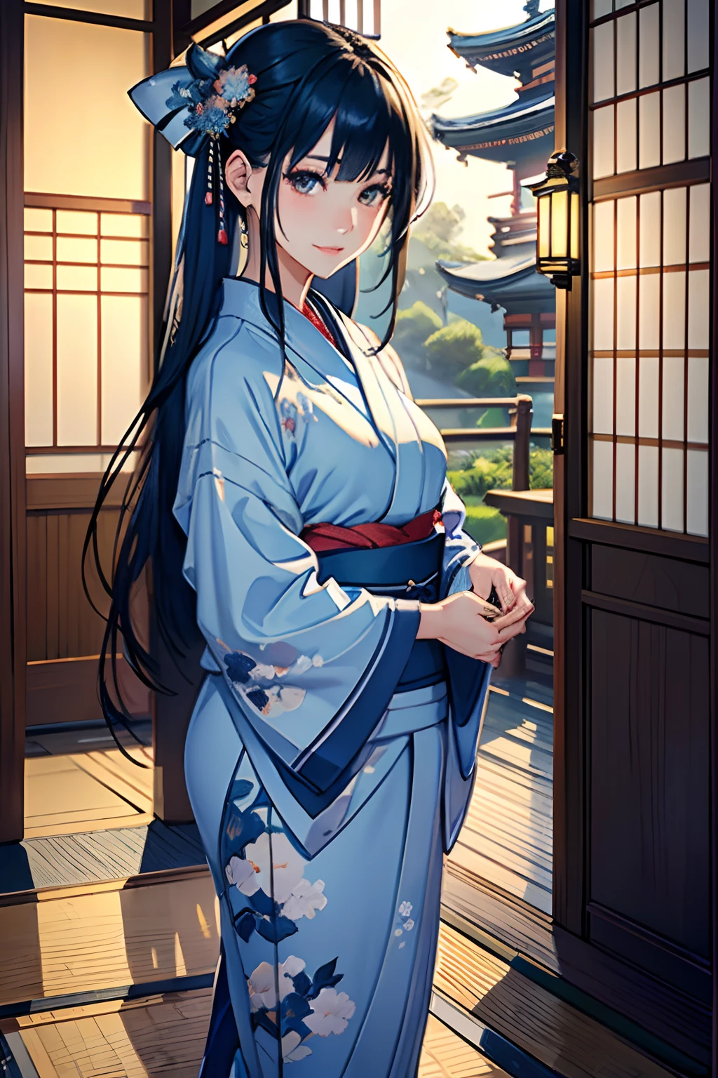 masterpiece, top-quality, Detailed details, Detailed landscapes, A detailed face、beatiful lights, Beautiful Shadows, Neat and clean woman,Standing、 28 year old、japanes, Troubled smile、,eye liner,Long hair、(silber hair)、((long kimono))、((Hide up to your heels))、(Hide your feet in a kimono)、((Indigo kimono))、with floral pattern、Accurate kimono modeling、Detailed kimono texture、(Wearing clogs)、detailed skin textures, Tyndall effect,