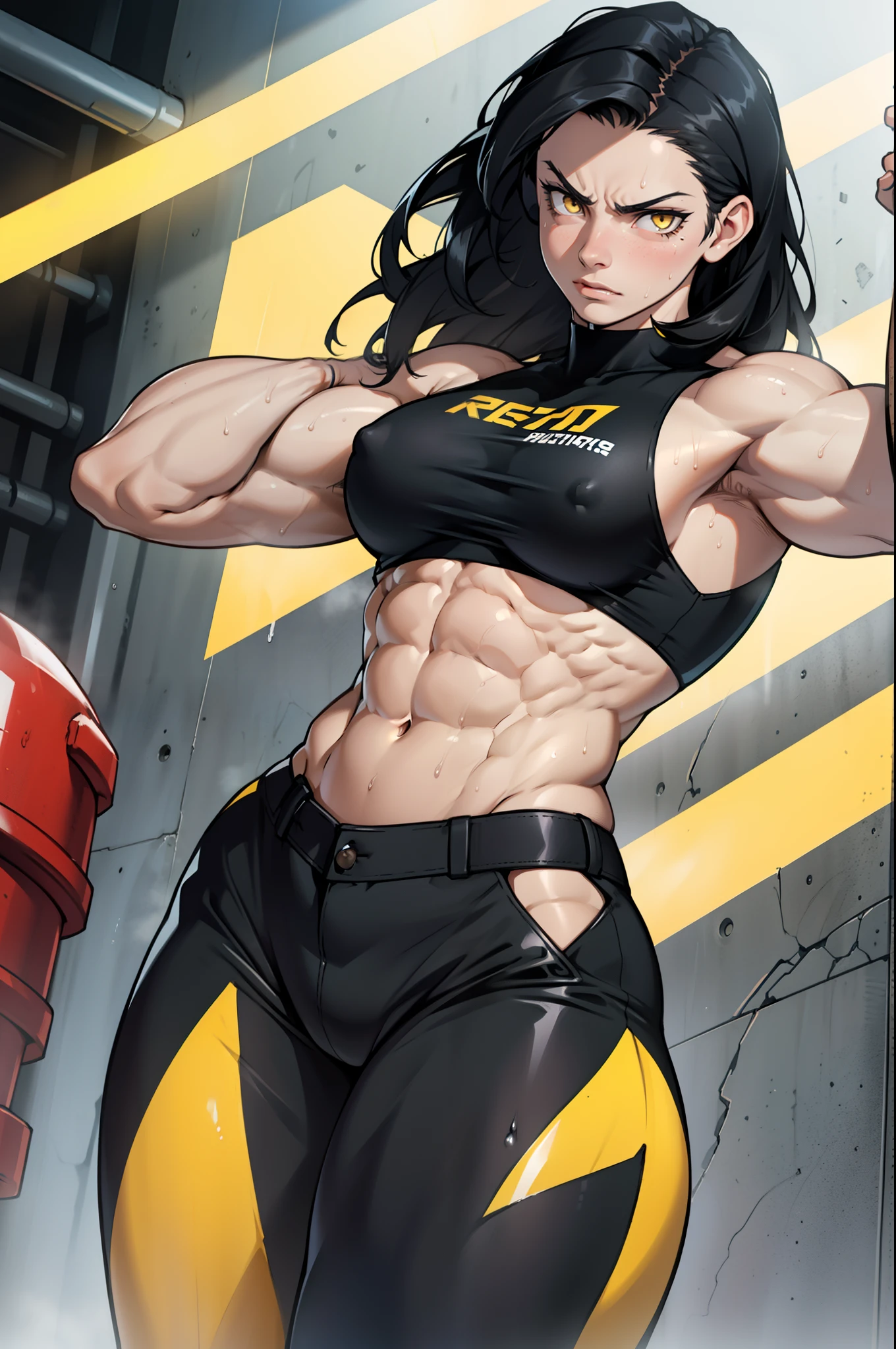black hair, yellow eyes, solo, sweaty, shiny skin, angry, pale skin, ((((((muscular, 1girl)))))), curvy, thin waist, very long hair, navel, cowboy shot, sweaty