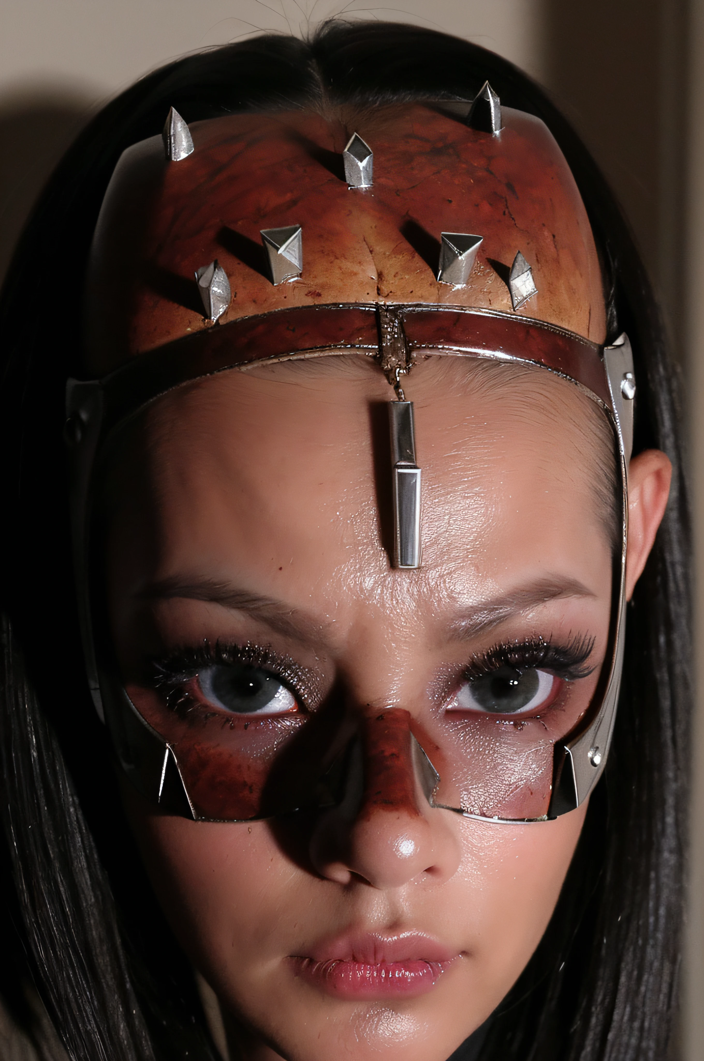 "(The best lighting, oscuro, dramatic),(Mujer, robot, Hellraiser, triste, Cicatrices, , sexy, cerebro, sangre, una rata dentro de la cabeza, Horror mask.),(ojos rojos, calaveras). morning light.