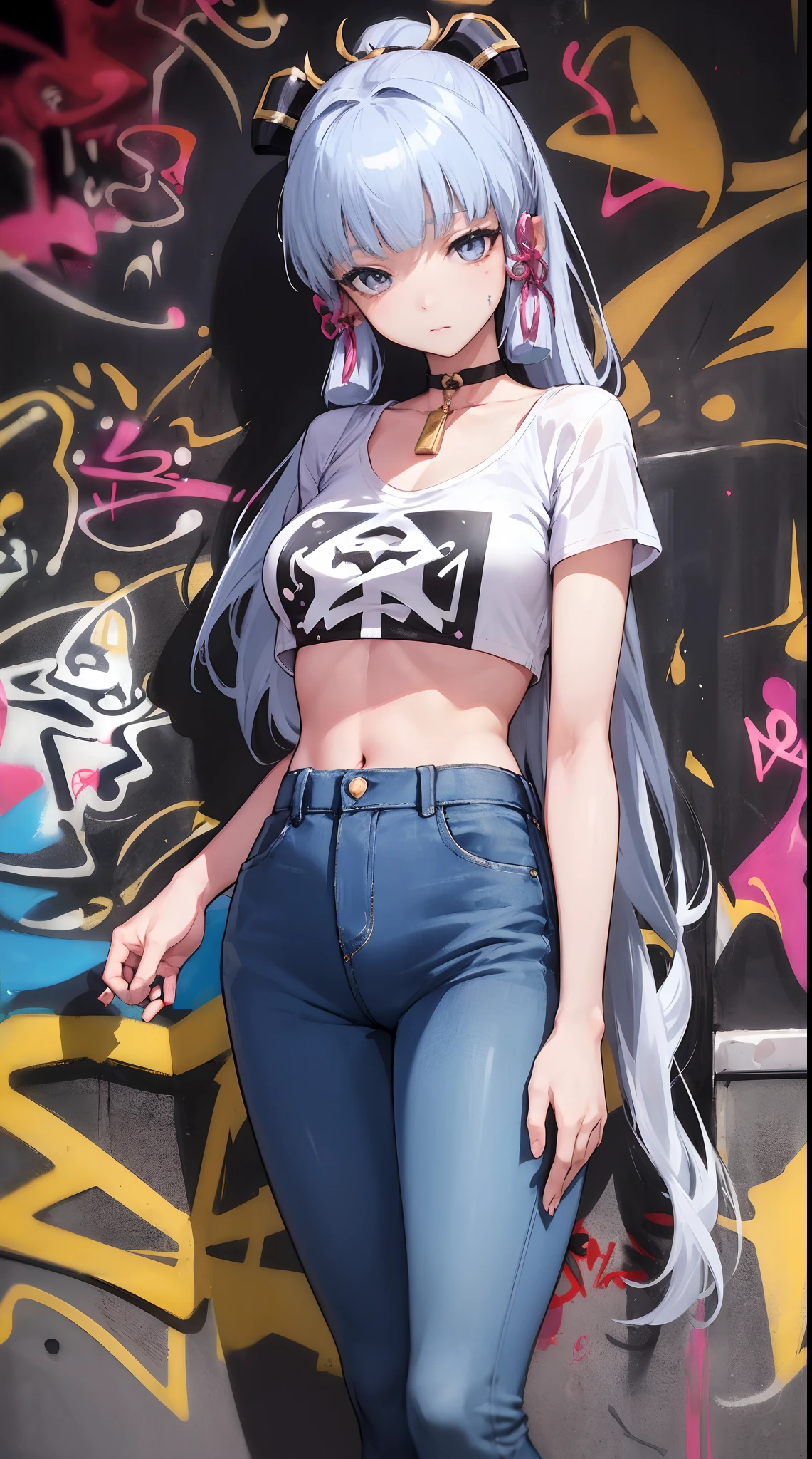 kamisato ayaka|genshin impact, master-piece, bestquality, 1girls,25 years old, proportional body, elongated legs, Beautiful, proportional., crop top, Long Jeans, mediuml breasts, ,bara, crop top, choker, (Graffiti:1.5), Splash with purple lightning pattern., arm behind back, against wall, View viewers from the front., Thigh strap, Head tilt, bored,(NSTDA.:1.2), (10, beste-Qualit, master-piece: 1.4), Beautiful red hair, ultra-high resolution, (lifelike, photorealistic portrait: 1.48), 20 age, Cute Girl, (Looking Through Crop Tops.), Famous Japanese actors, beautiful clear eyes, Head tilt, cowboy shot, from the front, looking at the audience, expressionless, Beautiful lake, Zeiss 150mm F/ 2.8 Hasselblad, Whole body, foot, Ultra-Wide Angle,