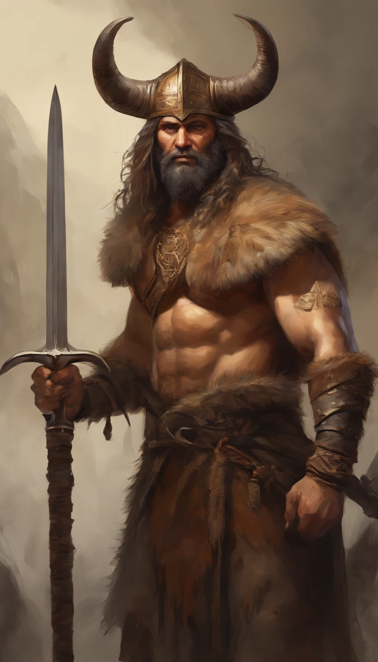 male in a brown outfit with a horned head and a sword, highly detailed character, viking warrior, epic viking king, sitting on a horse, norse ancient epic hero, muscular long haired with tattoo Philippine God of War, modelshoot style, (extremely detailed CG 8k wallpaper), body photo of the most beautiful artwork in the world, medieval armor, body portrait, Nimrod the first king of Babylon, hunter, barbarian, macho man, majestic professional oil painting by Ed Blinkey, Atey Ghailan, Studio Ghibli, by Jeremy Mann, Greg Manchess, Antonio Moro, trend at ArtStation, trend at CGSociety, Intricate, High Detail, Sharp Focus, Dramatic and Photorealistic Painting Art by Midjourney and Greg Rutkowski