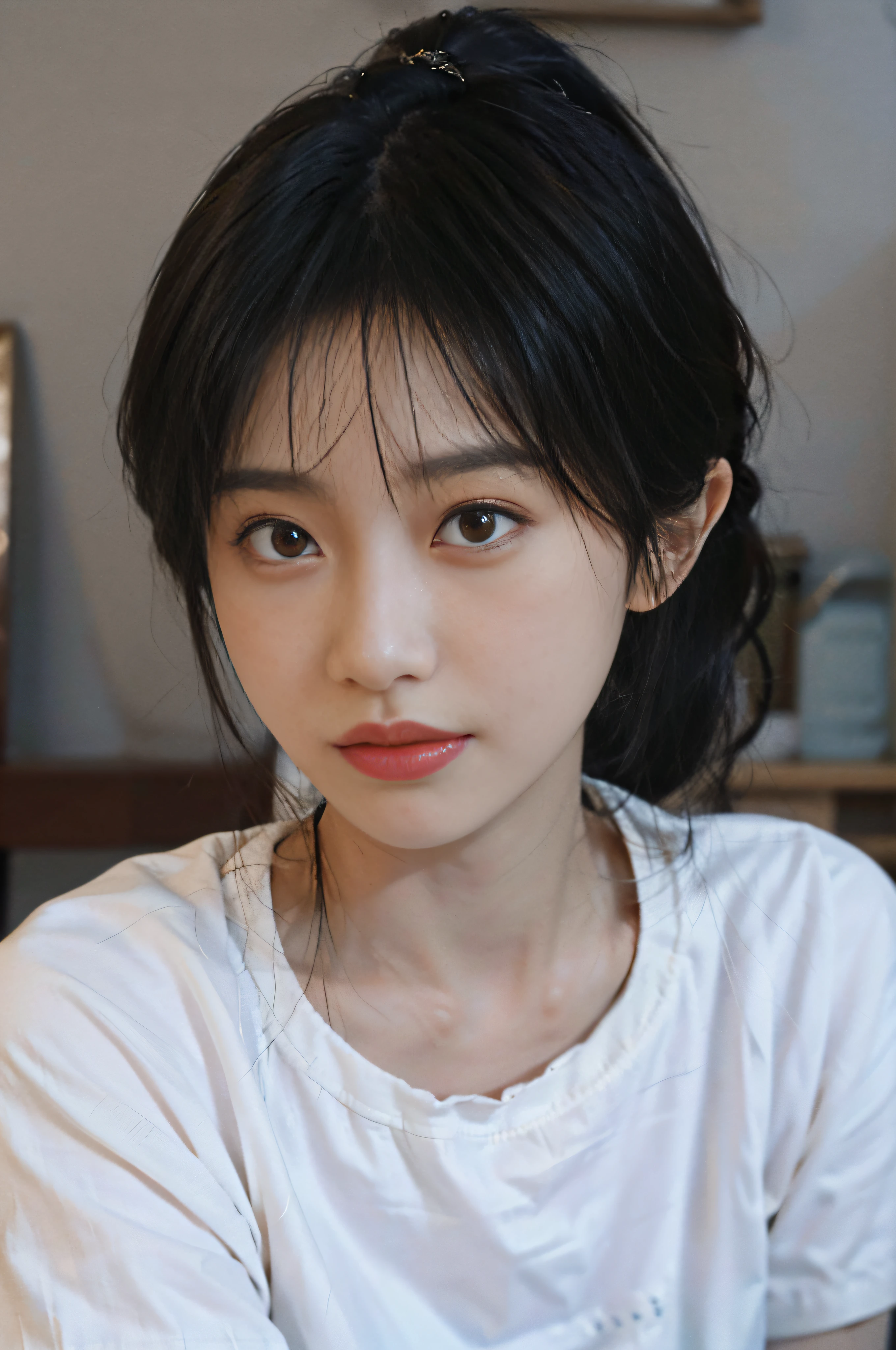Temperament girl, delicate facial features, bangs, brown ponytail, messy hair, hair is very realistic, wearing a white shirt with short sleeves, the background is the sky, sea view, Du Qiong, exquisite makeup, light red lips, big eyes, double eyelids, black holes, bright eyes, symmetrical face, face is very real, meticulously portrayed the girl's face, blush, super high appearance, looking at the audience, very realistic skin, skin oil reflection, artwork, clothes with real fabric texture, realistic painting, film style, Photography level, ray tracing, realistic light and shadow effects, realism, masterpiece, just like the top photography effect, 8K