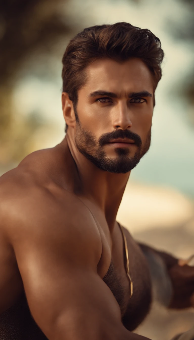 (La mejor calidad,8k,realista),Hombre guapo,barba abundante,machista,ojos azules,brown hair,good muscles,cuerpo entero,no camisa