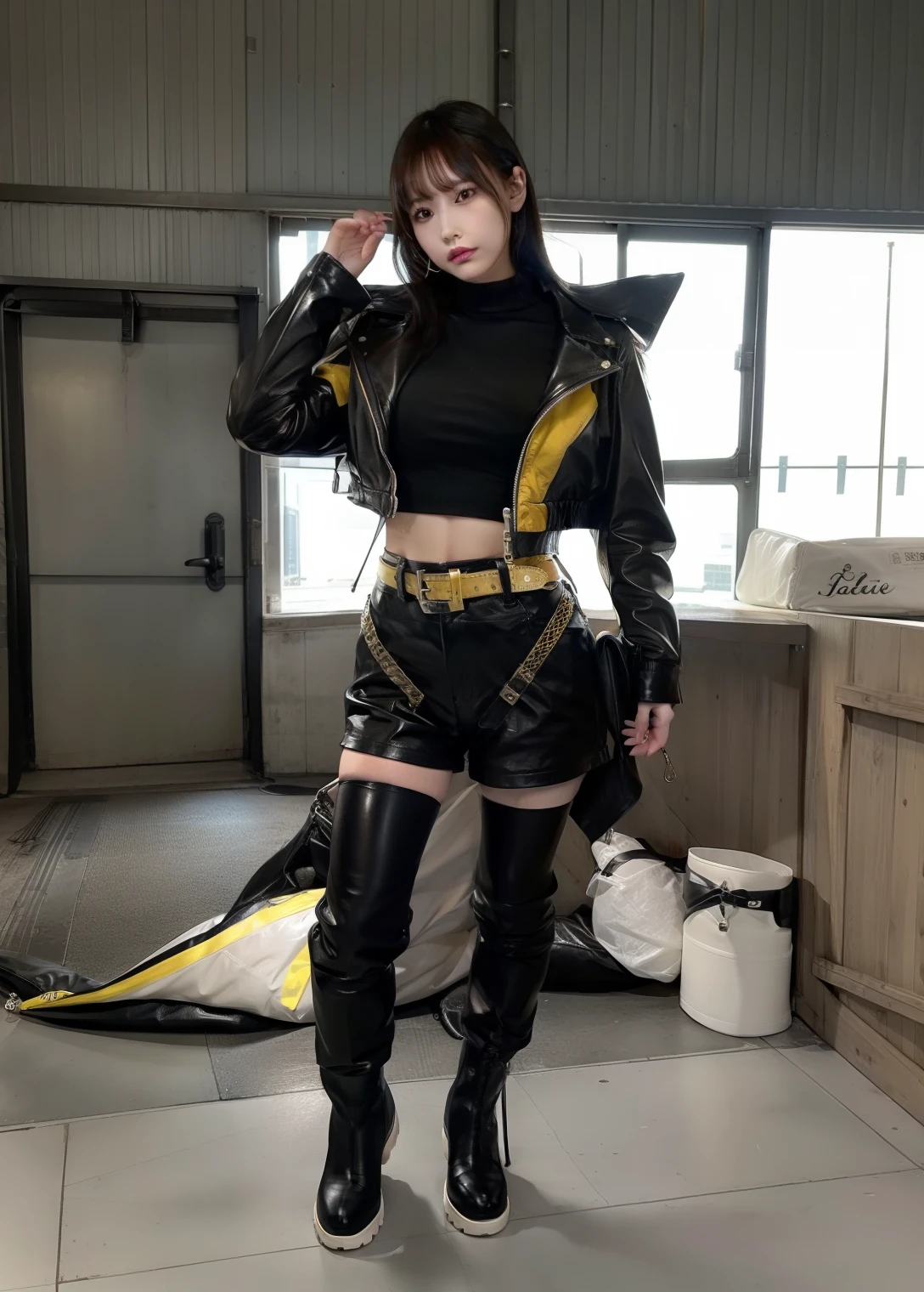 Gal in black leather fashion、large full breasts、beautiful foot、、leather jackets、Good Style、long boots、Shorts、Yellow line