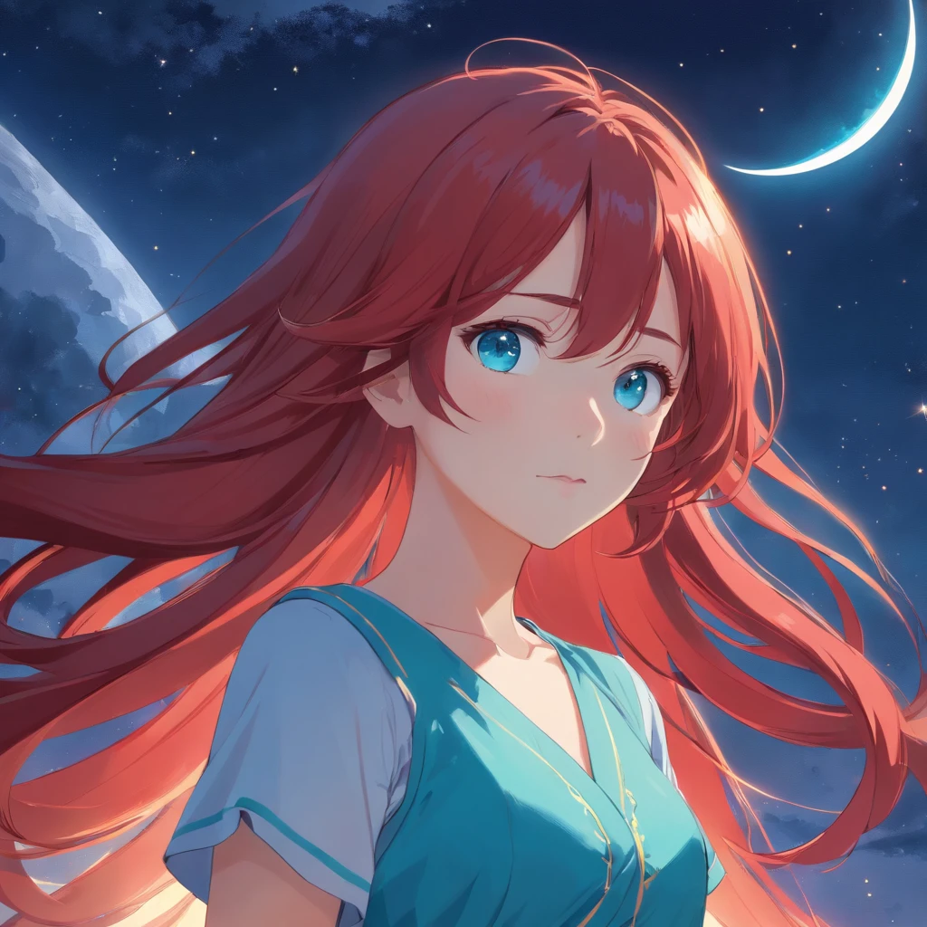 1 girl, red long hair, On the hair is a hairpin of the moon and stars, Cyan eyes, On the face is the sign of the moon and 2 stars, blue dress and blue shoes, On the neck is a pendant in the form of a star