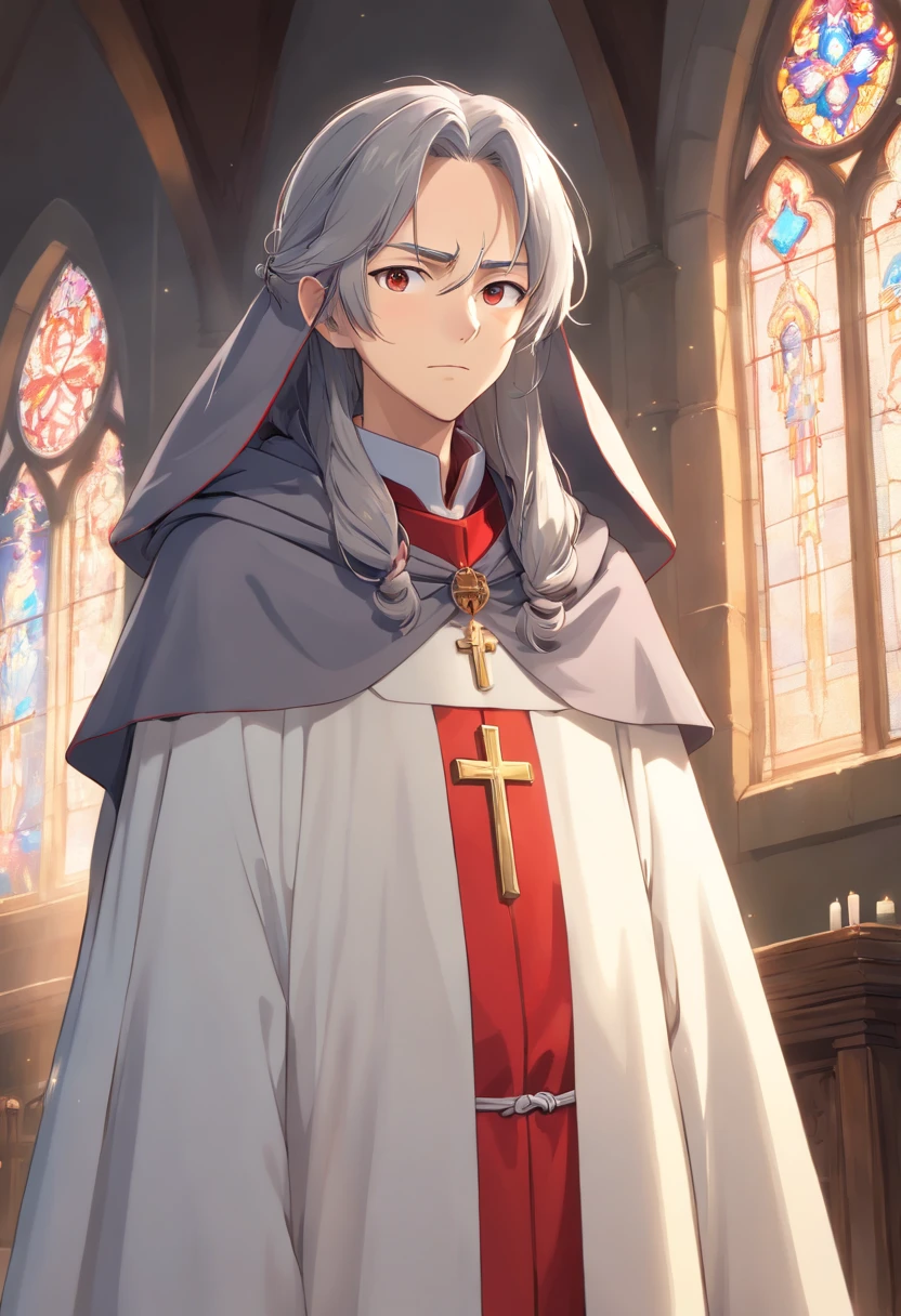 (((((male))))), masterpiece, ultra detailed, 8K Portrait, Raw photo, man's portrait photography, ((cowboy shot)), Highly detailed face, ((Fantasy)), gentle ((middle age)) man, 47 years old, 1 man, (((priest))), standing with hands together, (((long gray hair tied back))), Hooded (((white and red silk long cloak))) Fluttering in the wind, (((white priest uniform)), ((equip a priest gold rod)), Midday Sun, Hyper realistic, Long legs, In the church, Ambient lighting, Shadow details , Camera focus on face, strong breeze, Light fog
