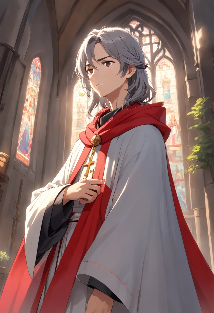 (((((male))))), masterpiece, ultra detailed, 8K Portrait, Raw photo, man's portrait photography, ((cowboy shot)), Highly detailed face, ((Fantasy)), gentle ((middle age)) man, 47 years old, 1 man, (((priest))), standing with hands together, (((long gray hair tied back))), Hooded (((white and red silk long cloak))) Fluttering in the wind, (((white priest uniform)), ((equip a priest gold rod)), Midday Sun, Hyper realistic, Long legs, In the church, Ambient lighting, Shadow details , Camera focus on face, strong breeze, Light fog