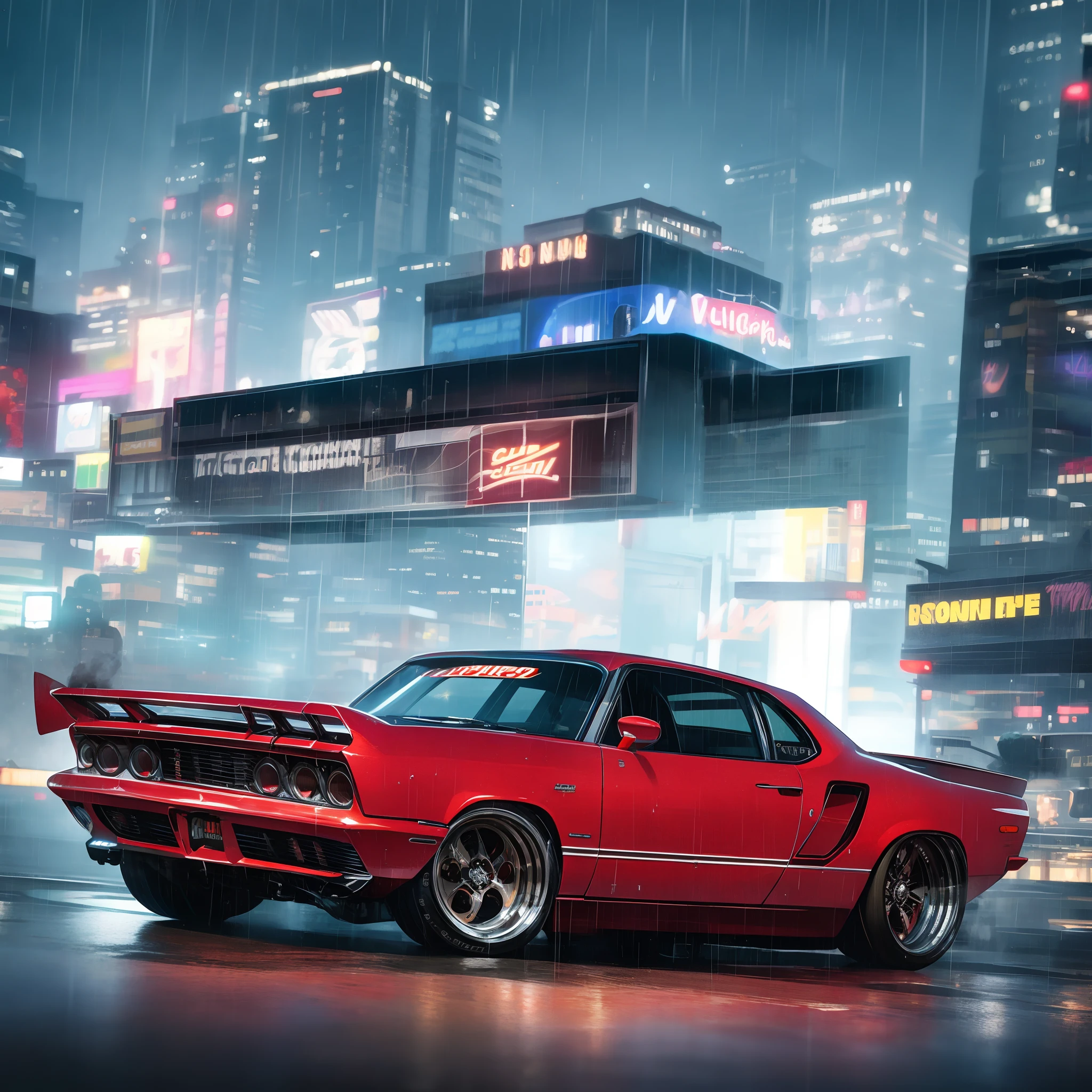Speed blur, motion blur fast speed, Highly detailed scene, Moody Cinematic lighting, Raining middlle of the night, classic powerful 60's muscle car going at full speed in los angeles steets background of buildings