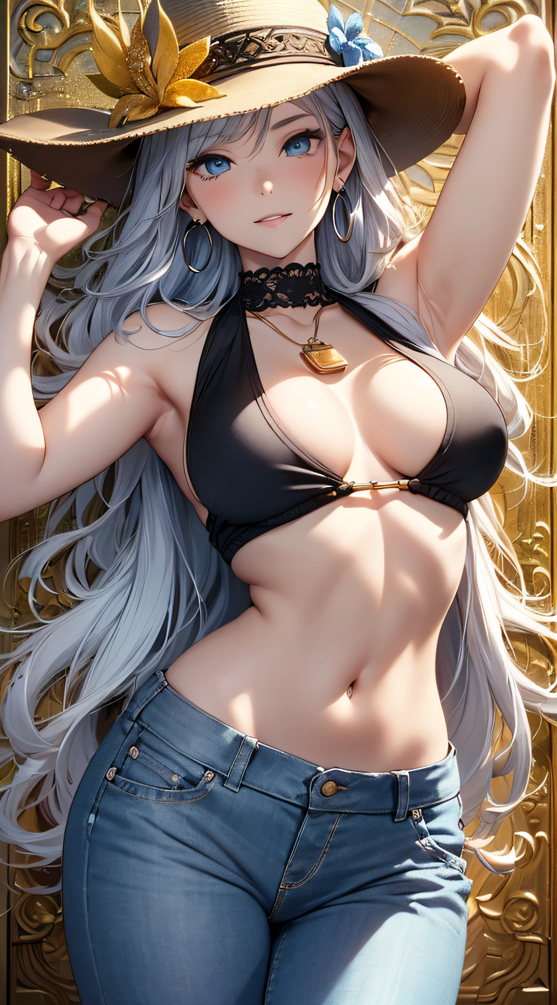 top-quality、Top image quality、masterpiece、girl with((18year old、 White navel tank top、Black vest、Blue long trousers、Best Bust、Bust 85、a blond、Semi-long、Cowboy Hat、Blue eyes、open chest wide、Valley、Happiness、A slender、Shy face、Gold Earrings、Silver keychain at waist.、Seduction poses、Stretch your hands upwards))hiquality、Beautiful Art、Background with((Beautiful sunny beaches in Hawaii))、masutepiece、Elaborate design、visualart