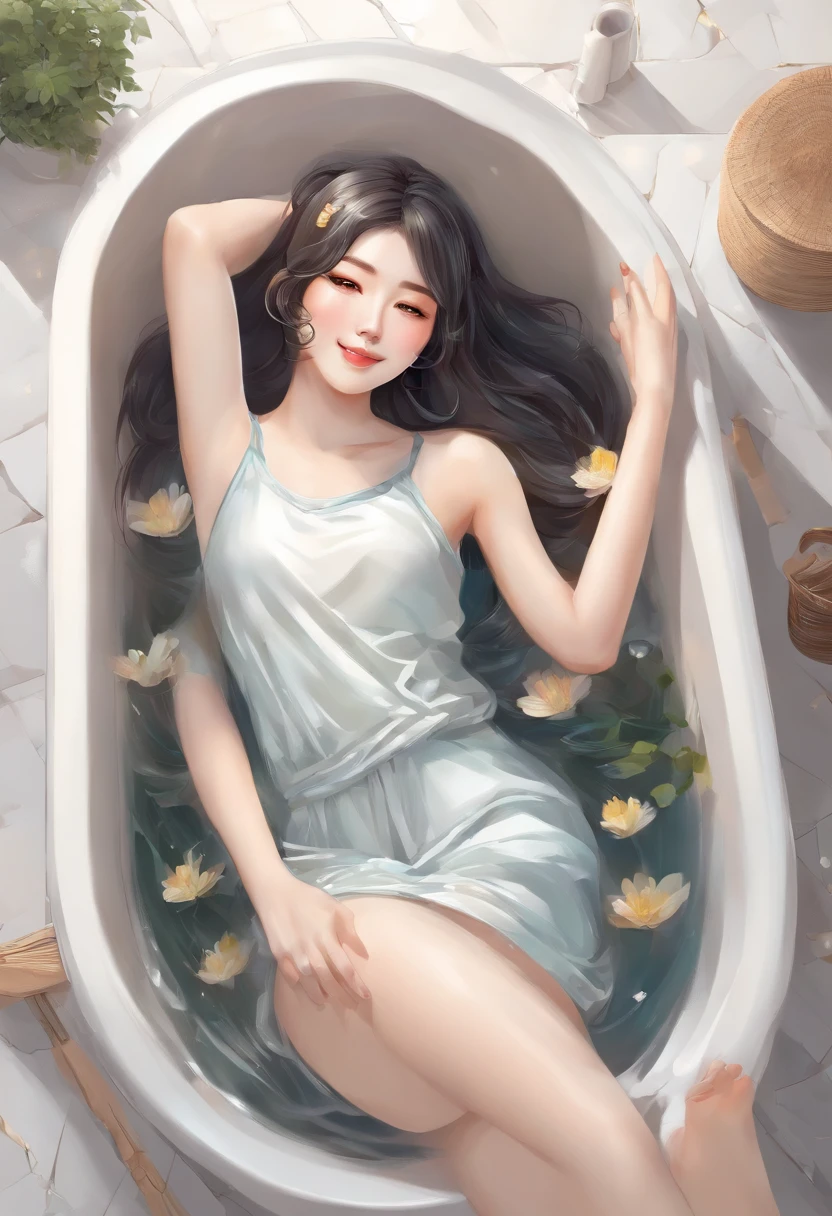 Superb beauty,Lying in the bathtub with no clothes on,Foam covers the chest