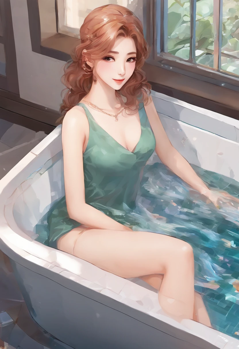 Smiling girl in cypress tub,  Boldly open your legs、Lying face down in the bathtub　buttocks visible　Wistful eyes　Glossy colored hair, 20 years old young, Asian Woman,  (Realistic:1.3), (Photorealistic:1.3), Ultra-detailed, (highdetailskin:1.2), 8K UHD, Digital SLR, Soft lighting, High quality