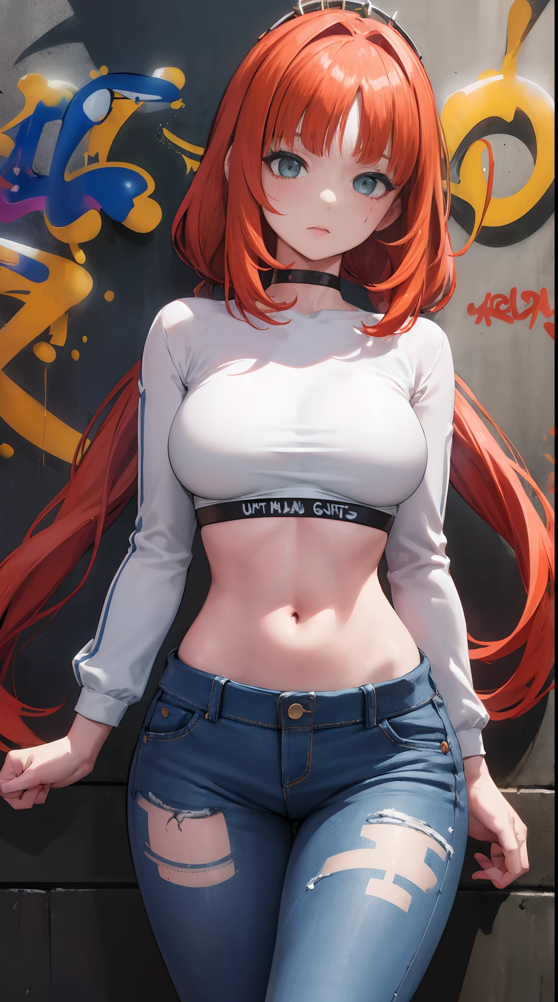 nile|genshin impact, master-piece, bestquality, 1girls,25 years old, proportional body, elongated legs, Beautiful, proportional., crop top, Long Jeans, mediuml breasts, ,bara, crop top, choker, (Graffiti:1.5), Splash with purple lightning pattern., arm behind back, against wall, View viewers from the front., Thigh strap, Head tilt, bored,(NSTDA.:1.2), (10, beste-Qualit, master-piece: 1.4), Beautiful red hair, ultra-high resolution, (lifelike, photorealistic portrait: 1.48), 20 age, Cute Girl, (Looking Through Crop Tops.), Famous Japanese actors, beautiful clear eyes, Head tilt, cowboy shot, from the front, looking at the audience, expressionless, Beautiful lake, Zeiss 150mm F/ 2.8 Hasselblad, Whole body, foot, Ultra-Wide Angle,