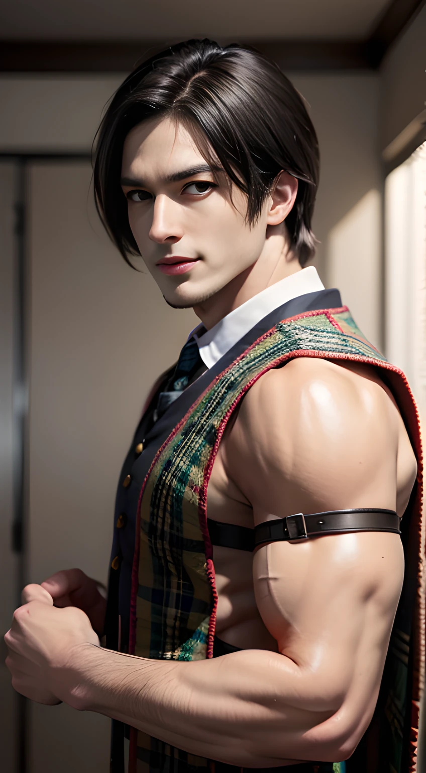 (((Men only))), ((head shot)), ((Leon Kennedy)), (((Dressed in traditional Scottish national costume, quilt.))), ((wearing  tartan checked clothing)),  ((Handsome muscular male man in his 20s)), (Big smile), (detaile: 1 in 1), Natural muscles, HIG quality, beautidful eyes, (Detailed face and eyes), (Face、: 1 / 2), Noise, Real Photographics、... .......................................................................................................................PSD, Sharp Focus, High resolution 8K, realisitic & Professional Photography, 8K UHD, Soft lighting, High quality, Film grain, FujifilmXT3