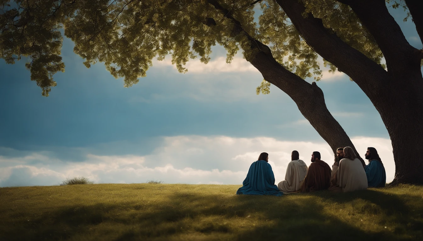 Jesus Christ talks to His disciples under a tree, The sky is blue and with few clouds.