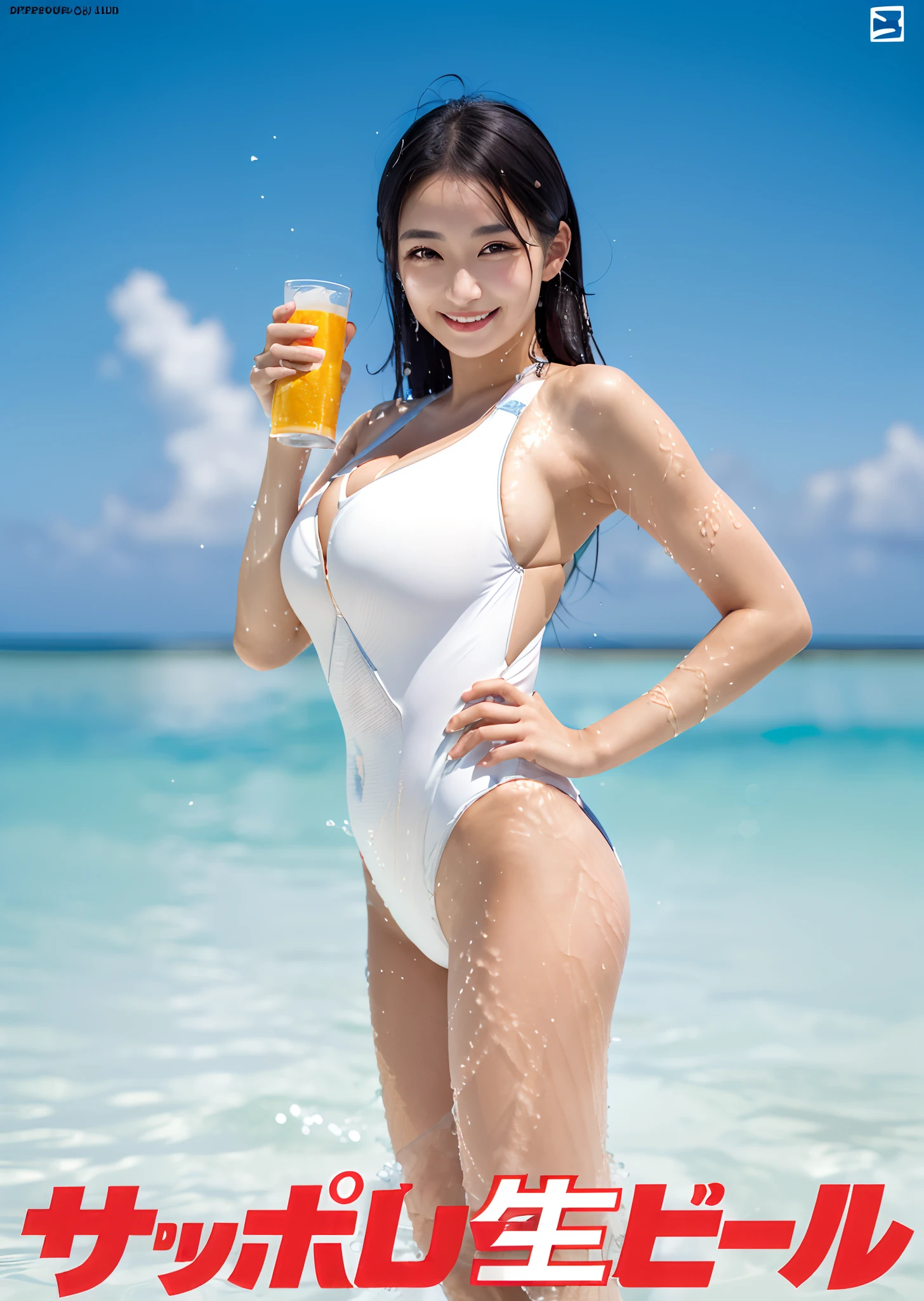 in 8K、超A high resolution、Best Quality、masutepiece、The ultra -The high-definition(quite massive chest、Hide all cleavage:1.3)(High Leg Swim Racing Suit、Competitive swimsuit:1.28)(Hawaii Beaches1.3) (Black hair long straight hair、A Japanese Lady、adult lady、年轻、long legged、Realistic face、Big dark eyes、Charming smile、Dimples、drooing eyes、Crisp double eyelids、a small face、ighly detailed:1.15)
