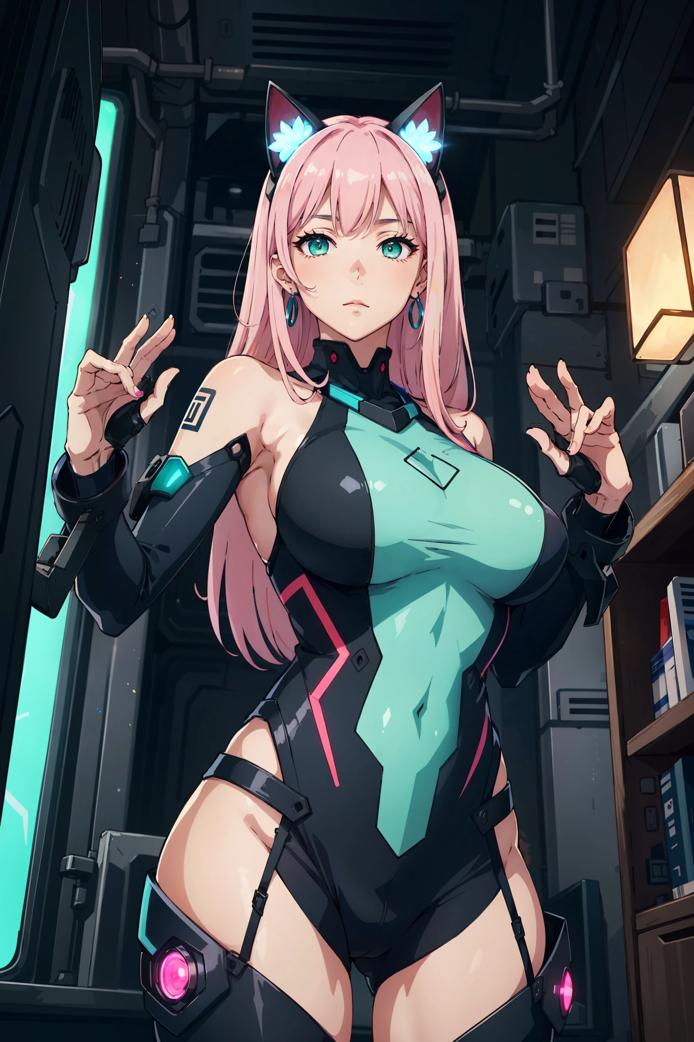 ((mature adult tall woman, mature_face)), (glowing green eyes), aqua cat ears, (super narrow waist), gradient (pink hair), large breasts, large areolae, (oily skin) ,              write、1 girl in、Alone、[Navy blue and pink hair:Blue and pink hair:0.2]、cyberpunked、Hi-Tech、で、machine components、looking at the spectator、length hair、Luminous Laser Women Supertech Jumpsuit、Mechanical body parts of cyberpunks、tattooed、interiors、Luminous Laser Earrings。highly contrast、natta、A black、[hitornfreckles:0.9]、Reflective transparent rainbow、length hair、breastsout、White skin The face of the most beautiful Korean woman、Seductive look、(Relaxing Pose:1.5)、Eva、the complex background、Very beautiful and gorgeous anime illustrations、cinematic perspective、(Relaxing Pose:1.5)、Eva、the complex background、Very beautiful and gorgeous anime illustration with cinematic perspective。