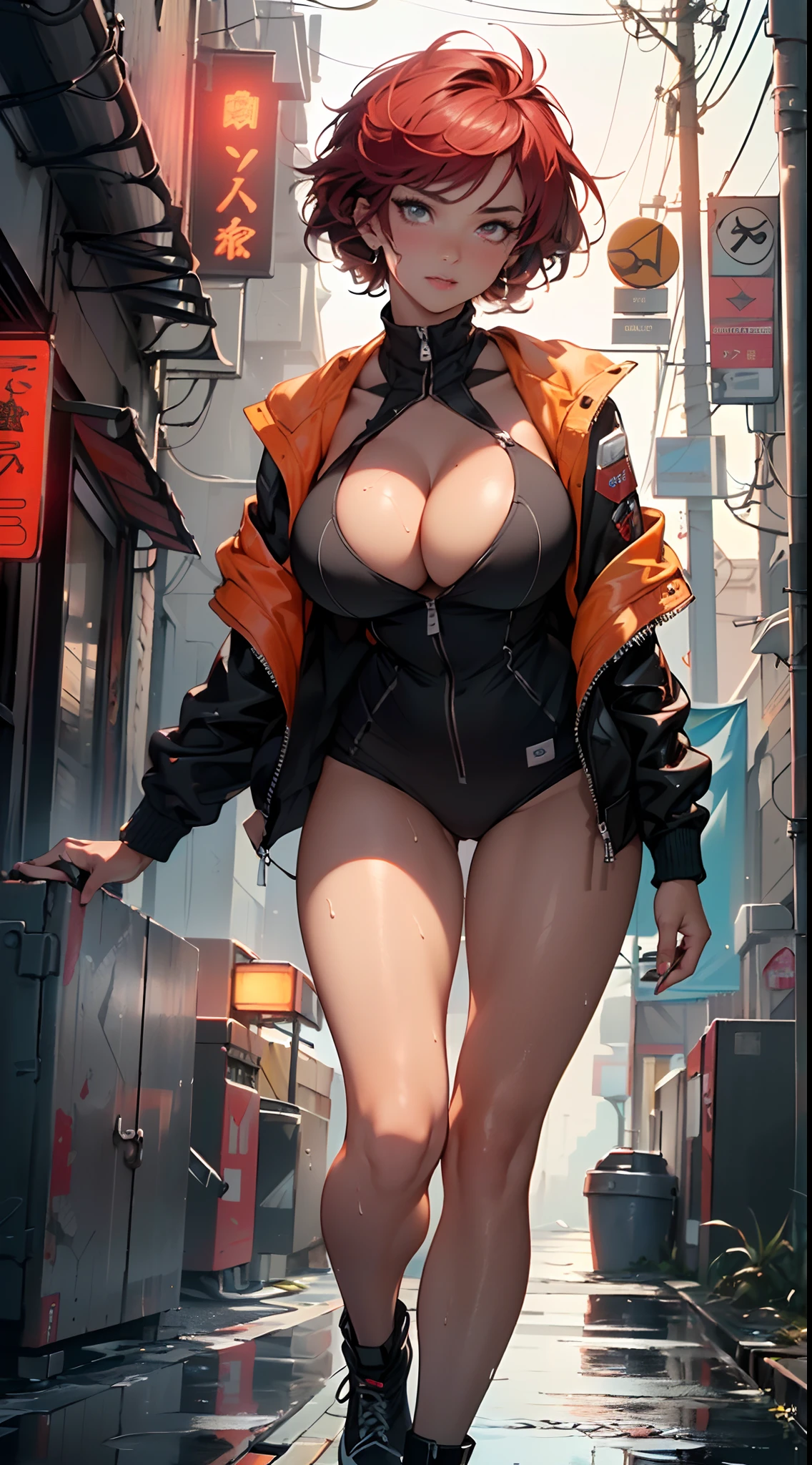mechanical girl,(1girl: 1.3),((1 black girl with extremely cute and beautiful red hair)),((((black race)))),
(big breasts: 1.4),sagging breasts,(((short red hair: 1.35,cropped,redhead,very short hair))),((heterochromia:1.5, (orange_eye and red_eye))),intricate eyes,beautiful detailed eyes,symmetrical eyes,(fat),((((tan,dark skin,black skin:1.35,dark-skinned_female,dark skin:1.3,ebony skin,lustrous skin:1.5,bright skin: 1.5,shiny skin,very shiny skin,shiny body,illuminated skin,wet legs)))),(spider lower abdomen,narrow waist,wide hip ,athletic body,inflated legs,delicate and detailed fingers,detailed body,(detailed face)),((muscle legs)),((muscular thighs)),((muscular girl)),((strong and muscular,bodybuilder,strong body,muscular,feminine and muscular)),((ABS)),(huge stature,tall stature,very tall girl),
cute,slutty,sensual,seductive look,seductive,erotic,((nsfw)),
(fitted overalls: 1.3,suit unbuttoned),(((mechanical tools on his clothing,cyberpunk clothes))),(((huge cleavage))),((wet clothes,intricate outfit,intricate clothes)),
(dynamic pose:1.0),embarrassed,(centered,scale to fit dimensions,Rule of thirds),
cyberpunk city by the ocean at night, with bright neon signs and dark stormy clouds and puddles, scenery:1.25,
artistic photography,(photography taken by sldr),highres, sharp focus, (ultra detailed, extremely detailed), (photorealistic artwork:1.37),(extremely detailed CG unity 8k wallpaper),((synthwave background theme)),(((vibrant colors))),(intricate background),(masterpiece),(best quality),