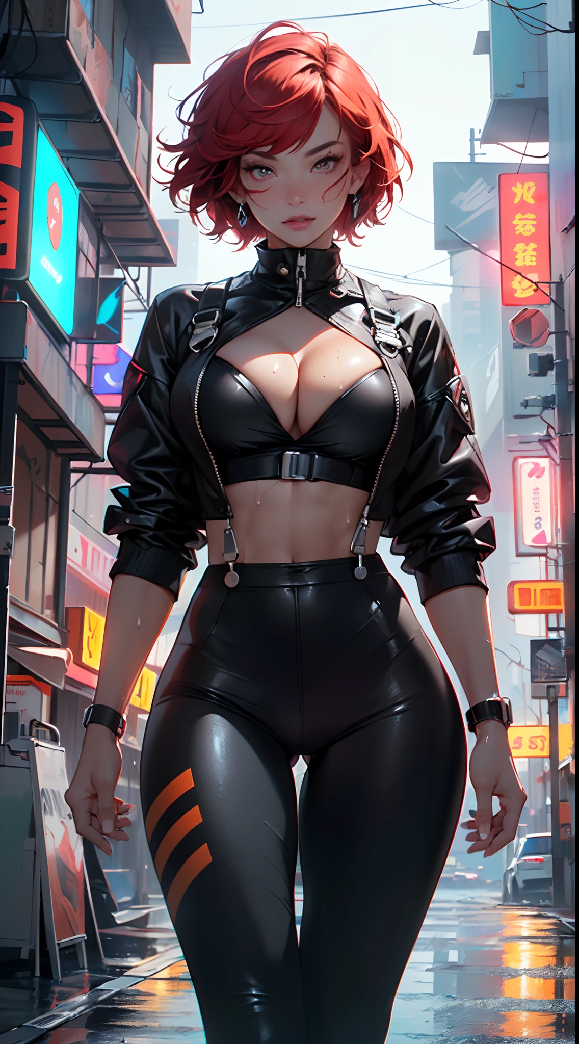 mechanical girl,(1girl: 1.3),((1 black girl with extremely cute and beautiful red hair)),((((black race)))),
(big breasts: 1.4),sagging breasts,(((short red hair: 1.35,cropped,redhead,very short hair))),((heterochromia:1.5, (orange_eye and red_eye))),intricate eyes,beautiful detailed eyes,symmetrical eyes,(fat),((((tan,dark skin,black skin:1.35,dark-skinned_female,dark skin:1.3,ebony skin,lustrous skin:1.5,bright skin: 1.5,shiny skin,very shiny skin,shiny body,illuminated skin,wet legs)))),(spider lower abdomen,narrow waist,wide hip ,athletic body,inflated legs,delicate and detailed fingers,detailed body,(detailed face)),((muscle legs)),((muscular thighs)),((muscular girl)),((strong and muscular,bodybuilder,strong body,muscular,feminine and muscular)),((ABS)),(huge stature,tall stature,very tall girl),
cute,slutty,sensual,seductive look,seductive,erotic,((nsfw)),
(fitted overalls: 1.3,suit unbuttoned),(((mechanical tools on his clothing,cyberpunk clothes))),(((huge cleavage))),((wet clothes,intricate outfit,intricate clothes)),
(dynamic pose:1.0),embarrassed,(centered,scale to fit dimensions,Rule of thirds),
cyberpunk city by the ocean at night, with bright neon signs and dark stormy clouds and puddles, scenery:1.25,
artistic photography,(photography taken by sldr),highres, sharp focus, (ultra detailed, extremely detailed), (photorealistic artwork:1.37),(extremely detailed CG unity 8k wallpaper),((synthwave background theme)),(((vibrant colors))),(intricate background),(masterpiece),(best quality),