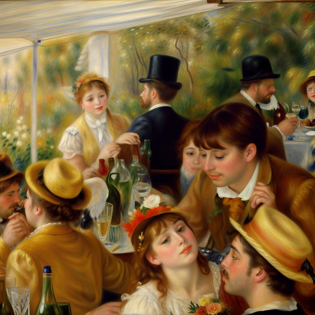 /imagine realistic, 8k, highly detailed shot, (((A beautiful angel with wing))), painting of a group of people sitting at a table with drinks, in the painting style of renoir, by Pierre Roland Renoir, inspired by Pierre Roland Renoir, by Renoir, pierre - auguste renoir, painting in the style of renoir, by Pierre-Auguste Renoir, inspired by Pierre-Auguste Renoir, inspired by Renoir