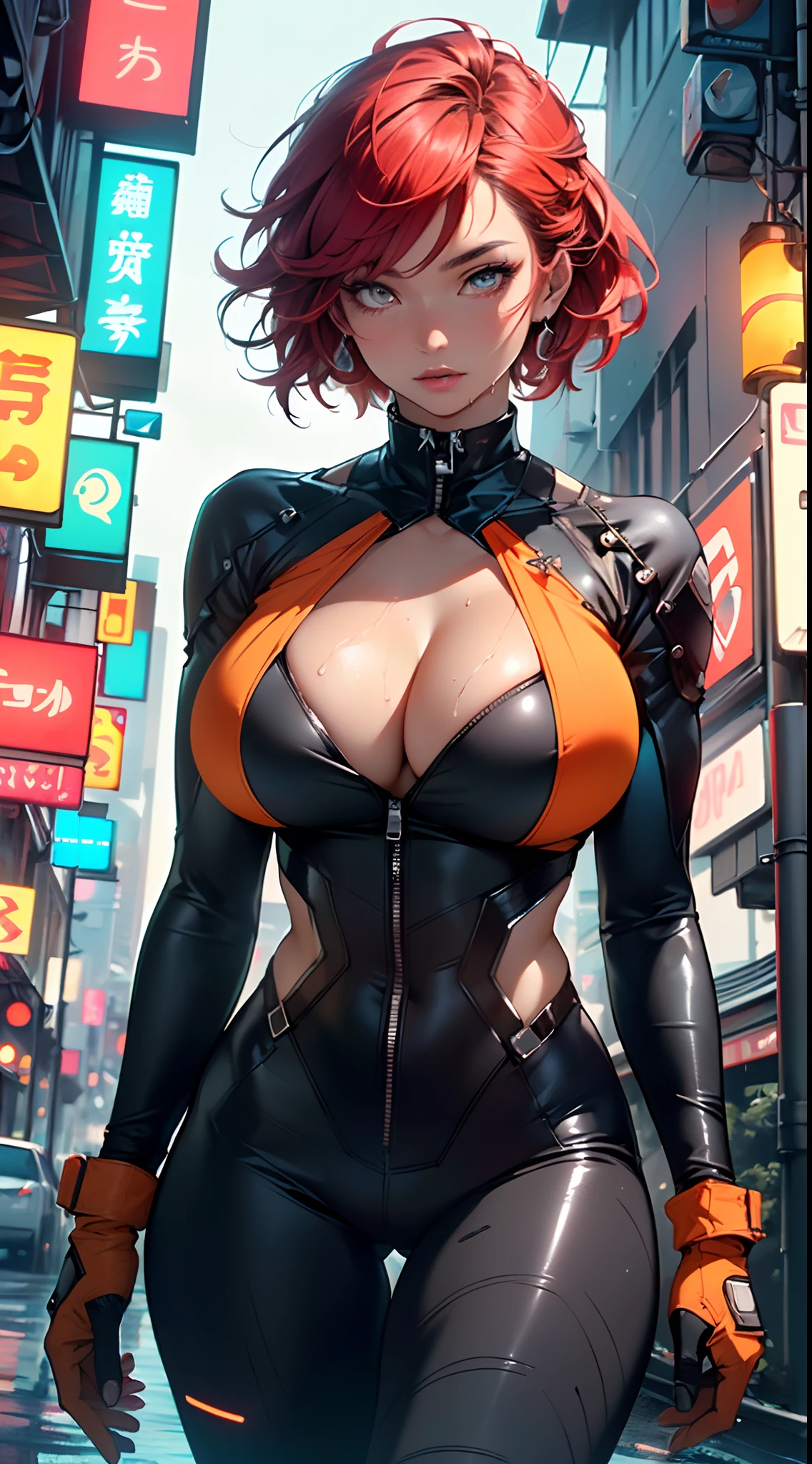 mechanical girl,(1girl: 1.3),((1 black girl with extremely cute and beautiful red hair)),((((black race)))),
(big breasts: 1.4),sagging breasts,(((short red hair: 1.35,cropped,redhead,very short hair))),((heterochromia:1.5, (orange_eye and red_eye))),intricate eyes,beautiful detailed eyes,symmetrical eyes,(fat),((((tan,dark skin,black skin:1.35,dark-skinned_female,dark skin:1.3,ebony skin,lustrous skin:1.5,bright skin: 1.5,shiny skin,very shiny skin,shiny body,illuminated skin,wet legs)))),(spider lower abdomen,narrow waist,wide hip ,athletic body,inflated legs,delicate and detailed fingers,detailed body,(detailed face)),((muscle legs)),((muscular thighs)),((muscular girl)),((strong and muscular,bodybuilder,strong body,muscular,feminine and muscular)),((ABS)),(huge stature,tall stature,very tall girl),
cute,slutty,sensual,seductive look,seductive,erotic,((nsfw)),
(fitted overalls: 1.3,suit unbuttoned),(((mechanical tools on his clothing,cyberpunk clothes))),(((huge cleavage))),((wet clothes,intricate outfit,intricate clothes)),
(dynamic pose:1.0),embarrassed,(centered,scale to fit dimensions,Rule of thirds),
cyberpunk city by the ocean at night, with bright neon signs and dark stormy clouds and puddles, scenery:1.25,
artistic photography,(photography taken by sldr),highres, sharp focus, (ultra detailed, extremely detailed), (photorealistic artwork:1.37),(extremely detailed CG unity 8k wallpaper),((synthwave background theme)),(((vibrant colors))),(intricate background),(masterpiece),(best quality),