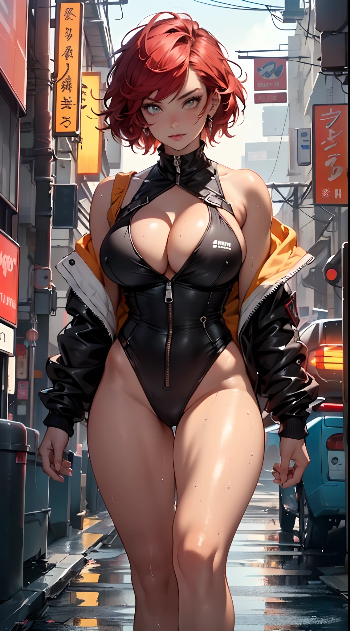 mechanical girl,(1girl: 1.3),((1 black girl with extremely cute and beautiful red hair)),((((black race)))),

(big breasts: 1.4),sagging breasts,(((short red hair: 1.35,cropped,redhead,very short hair))),((heterochromia:1.5, (orange_eye and red_eye))),intricate eyes,beautiful detailed eyes,symmetrical eyes,(fat),((((tan,dark skin,black skin:1.35,dark-skinned_female,dark skin:1.3,ebony skin,lustrous skin:1.5,bright skin: 1.5,shiny skin,very shiny skin,shiny body,illuminated skin,wet legs)))),(spider lower abdomen,narrow waist,wide hip ,athletic body,inflated legs,delicate and detailed fingers,detailed body,(detailed face)),((muscle legs)),((muscular thighs)),((muscular girl)),((strong and muscular,bodybuilder,strong body,muscular,feminine and muscular)),((ABS)),(huge stature,tall stature,very tall girl),

cute,slutty,sensual,seductive look,seductive,erotic,((nsfw)),

(fitted overalls: 1.3,suit unbuttoned),(((mechanical tools on his clothing,cyberpunk clothes))),(((huge cleavage))),((wet clothes,intricate outfit,intricate clothes)),

(dynamic pose:1.0),embarrassed,(centered,scale to fit dimensions,Rule of thirds),

cyberpunk city by the ocean at night, with bright neon signs and dark stormy clouds and puddles, scenery:1.25,

artistic photography,(photography taken by sldr),highres, sharp focus, (ultra detailed, extremely detailed), (photorealistic artwork:1.37),(extremely detailed CG unity 8k wallpaper),((synthwave background theme)),(((vibrant colors))),(intricate background),(masterpiece),(best quality),