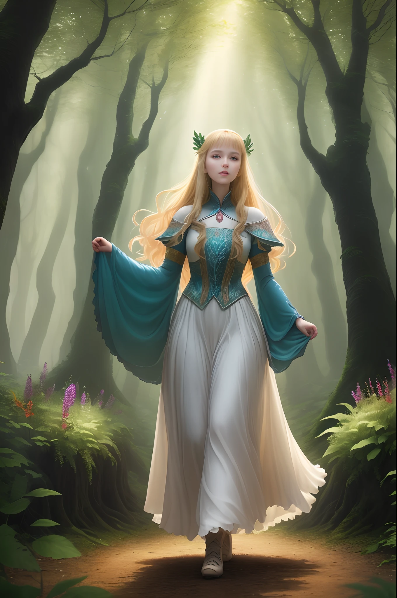 Anime A mystical forest bathed in ethereal, soft light. Princess Lila, in her regal attire, stands in awe as she stumbles upon a colossal, vivid green egg half-buried in a bed of luminescent ferns and iridescent wildflowers. The forest seems to whisper secrets, and magical creatures "((masterpiece)), superior quality, ultra-detailed, a delicate young blonde walking in an avatar-style forest, long, shiny hair, light clothes with ruffles, a mystical and magical atmosphere, tall, leafy trees behind her, stunning light effects, a spectacle of pure natural beauty.