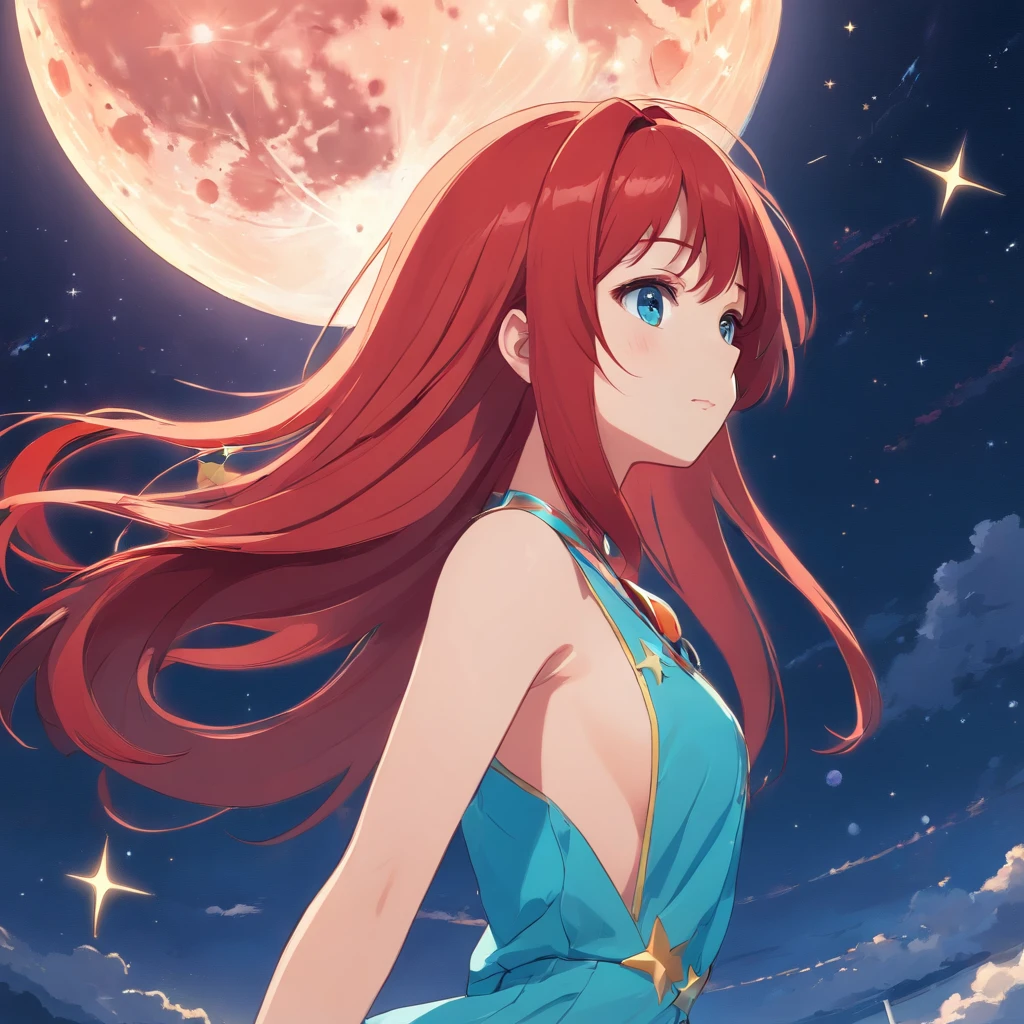 1 girl, red long hair, On the hair is a hairpin of the moon and stars, Cyan eyes, On the face is the sign of the moon and 2 stars, blue dress and blue shoes, On the neck is a pendant in the form of a star