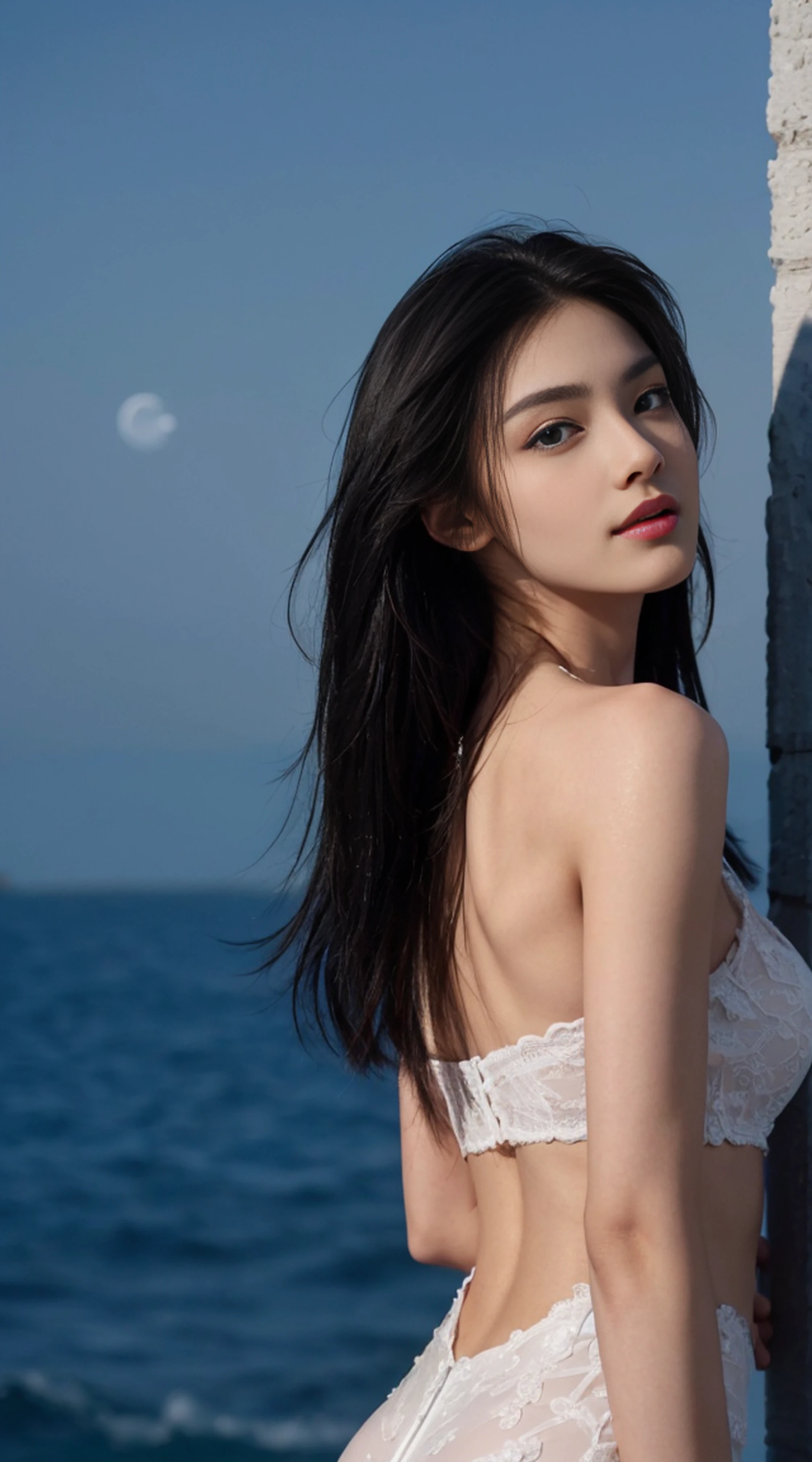 8K, Top Quality, Intricate Details, Ultra Detail, Ultra High Resolution, Masterpiece, ((close up shot)), shot from behind , looking away from viewer,, Slender, Smile, (Makeup: 0.4), (Fluffy Blue Eyes: 1.21), blue Eyes,, ((full body)), 1girl, solo, 1 girl, (( full body)), close-up shot, , , ((tall)), (((fit body))), (((slim face))), sharp face, sharp eyes, (((black hair, long hair, )) ,(detailed face), sharp face, small lips, thin lips, Holding a gunblade,
(( Sheath dress)), detailed face, detailed breast, , large breast, detail ass, round ass , Beautiful girl with accentuated slender abs: 1.4, Six Pack Abs: 1.4, Bust Botox, Big, Perfect Body, detail leg, (( moonlight)), ocean