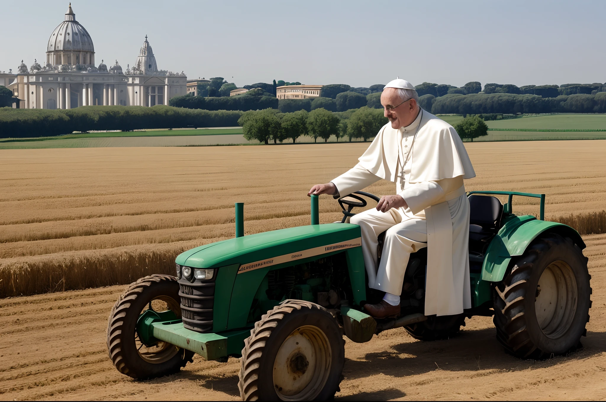 The image of the Pope driving a tractor is a striking departure from his traditional role as the spiritual leader of the Catholic Church. Picture this: Pope [Name] dons his iconic white cassock and skullcap, his presence exuding both humility and determination. He steps onto a modest, sunlit farm in Vatican City, surrounded by verdant fields.

As he approaches the tractor, a simple yet robust vehicle, his gentle smile conveys a profound message of environmental stewardship and connection to the land. With a solemn nod, he climbs into the driver's seat, his aged hands gripping the weathered steering wheel.

The tractor roars to life, its diesel engine humming beneath the serene backdrop of the Vatican's iconic architecture. Pope [Name] navigates the tractor skillfully through the furrows, guiding it with a sense of purpose that transcends the papal office. Dust rises behind the tractor, and the Pontiff's eyes crinkle in the sunlight as he plows a field or tends to the crops.

This unconventional sight symbolizes his commitment to addressing global issues, such as food security and sustainable agriculture, while emphasizing the Pope's deep-rooted connection to the Earth. It serves as a poignant reminder that even the highest spiritual authority can be a humble steward of the planet, fostering a message of unity, responsibility, and care for our world.