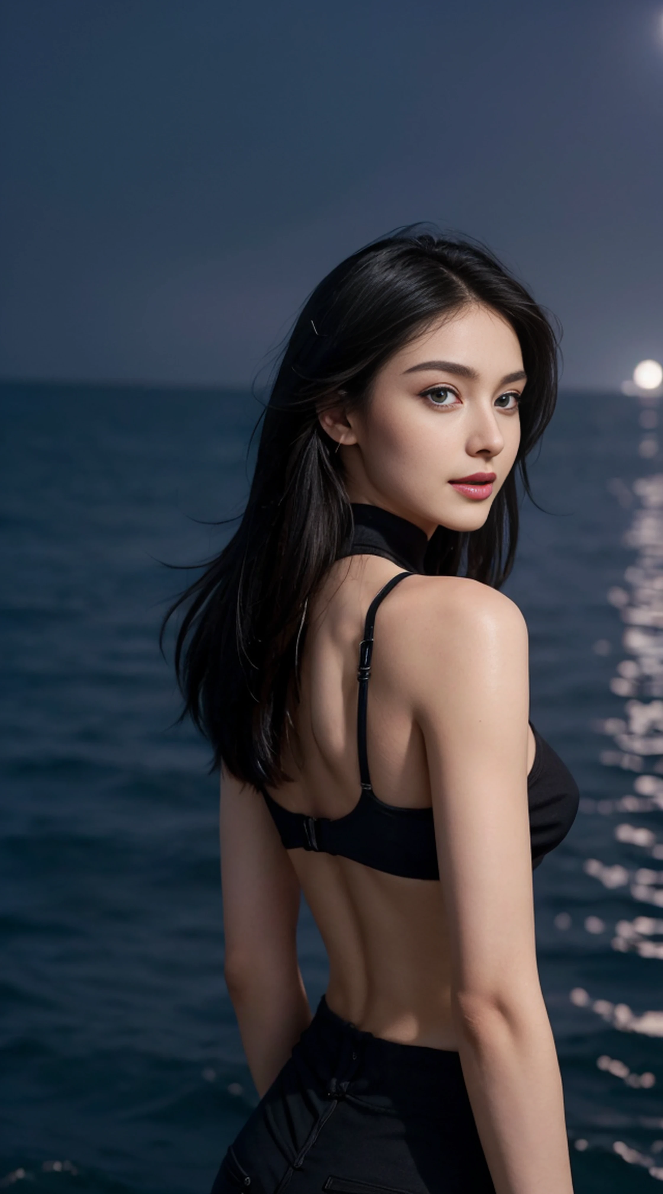 8K, Top Quality, Intricate Details, Ultra Detail, Ultra High Resolution, Masterpiece, ((close up shot)), shot from behind , looking away from viewer,, Slender, Smile, (Makeup: 0.4), (Fluffy Blue Eyes: 1.21), blue Eyes,, ((full body)), 1girl, solo, 1 girl, (( full body)), close-up shot, , , ((tall)), (((fit body))), (((slim face))), sharp face, sharp eyes, (((black hair, long hair, )) ,(detailed face), sharp face, small lips, thin lips, Holding a gunblade,
(( Punk Pants)), detailed face, detailed breast, , large breast, detail ass, round ass , Beautiful girl with accentuated slender abs: 1.4, Six Pack Abs: 1.4, Bust Botox, Big, Perfect Body, detail leg, (( moonlight)), ocean