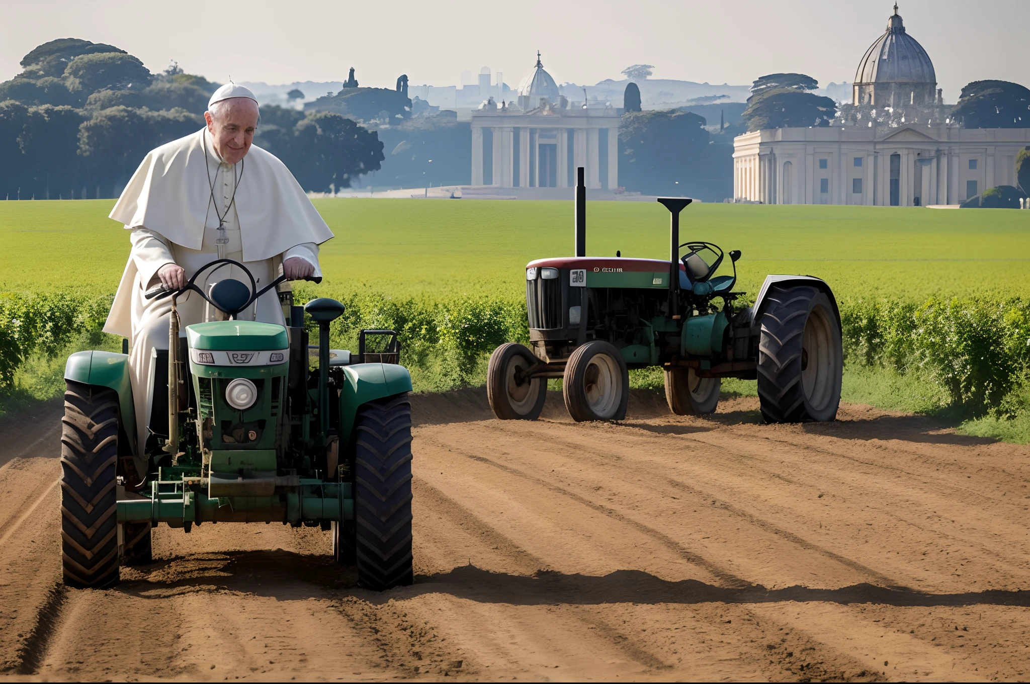 The image of the Pope driving a tractor is a striking departure from his traditional role as the spiritual leader of the Catholic Church. Picture this: Pope [Name] dons his iconic white cassock and skullcap, his presence exuding both humility and determination. He steps onto a modest, sunlit farm in Vatican City, surrounded by verdant fields. As he approaches the tractor, a simple yet robust vehicle, his gentle smile conveys a profound message of environmental stewardship and connection to the land. With a solemn nod, he climbs into the driver's seat, his aged hands gripping the weathered steering wheel. The tractor roars to life, its diesel engine humming beneath the serene backdrop of the Vatican's iconic architecture. Pope [Name] navigates the tractor skillfully through the furrows, guiding it with a sense of purpose that transcends the papal office. Dust rises behind the tractor, and the Pontiff's eyes crinkle in the sunlight as he plows a field or tends to the crops. This unconventional sight symbolizes his commitment to addressing global issues, such as food security and sustainable agriculture, while emphasizing the Pope's deep-rooted connection to the Earth. It serves as a poignant reminder that even the highest spiritual authority can be a humble steward of the planet, fostering a message of unity, responsibility, and care for our world.