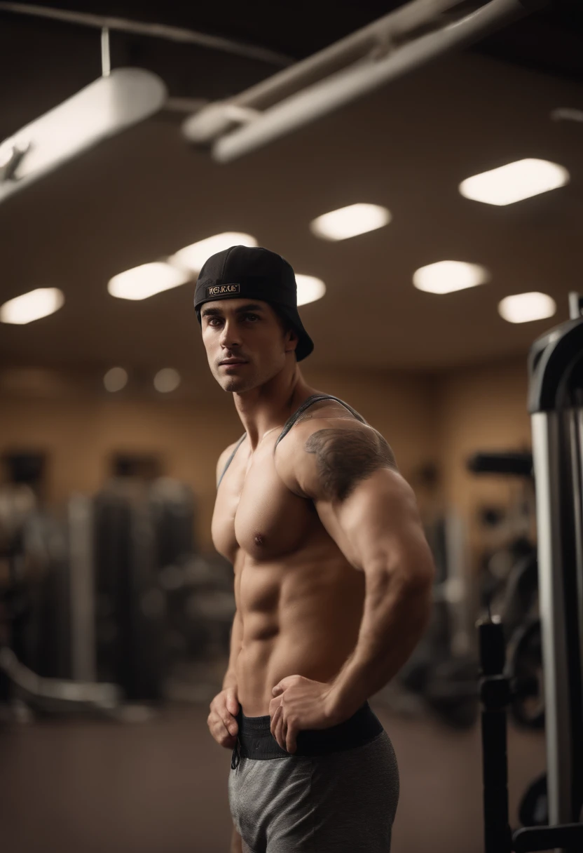 ultra detailed 4k photograph, full body, a beautiful gay guy, looking at the camera, wearing a cap that says "bammy", wearing boxer briefs, in a gym