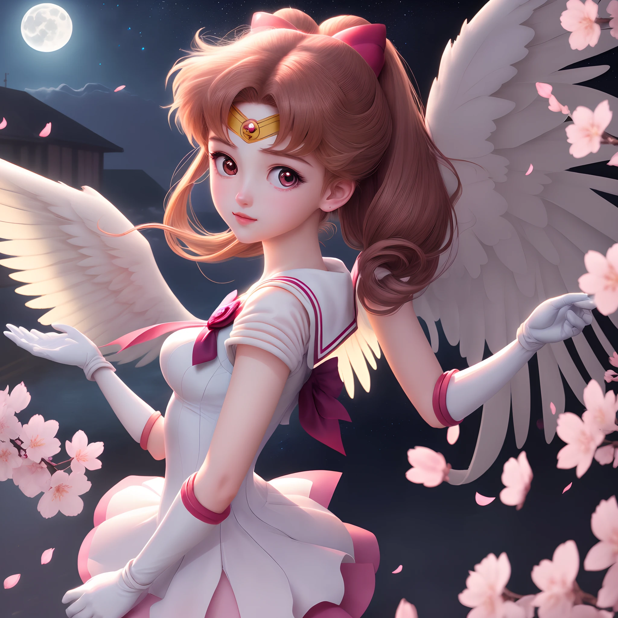 1girl, eternal sailor moon, night sky, cherry blossoms, detailed face, face focus, shiny skin, game cg, nigh sky, moonlight, moon, (wings 1.5), white gloves, magical girl, flying