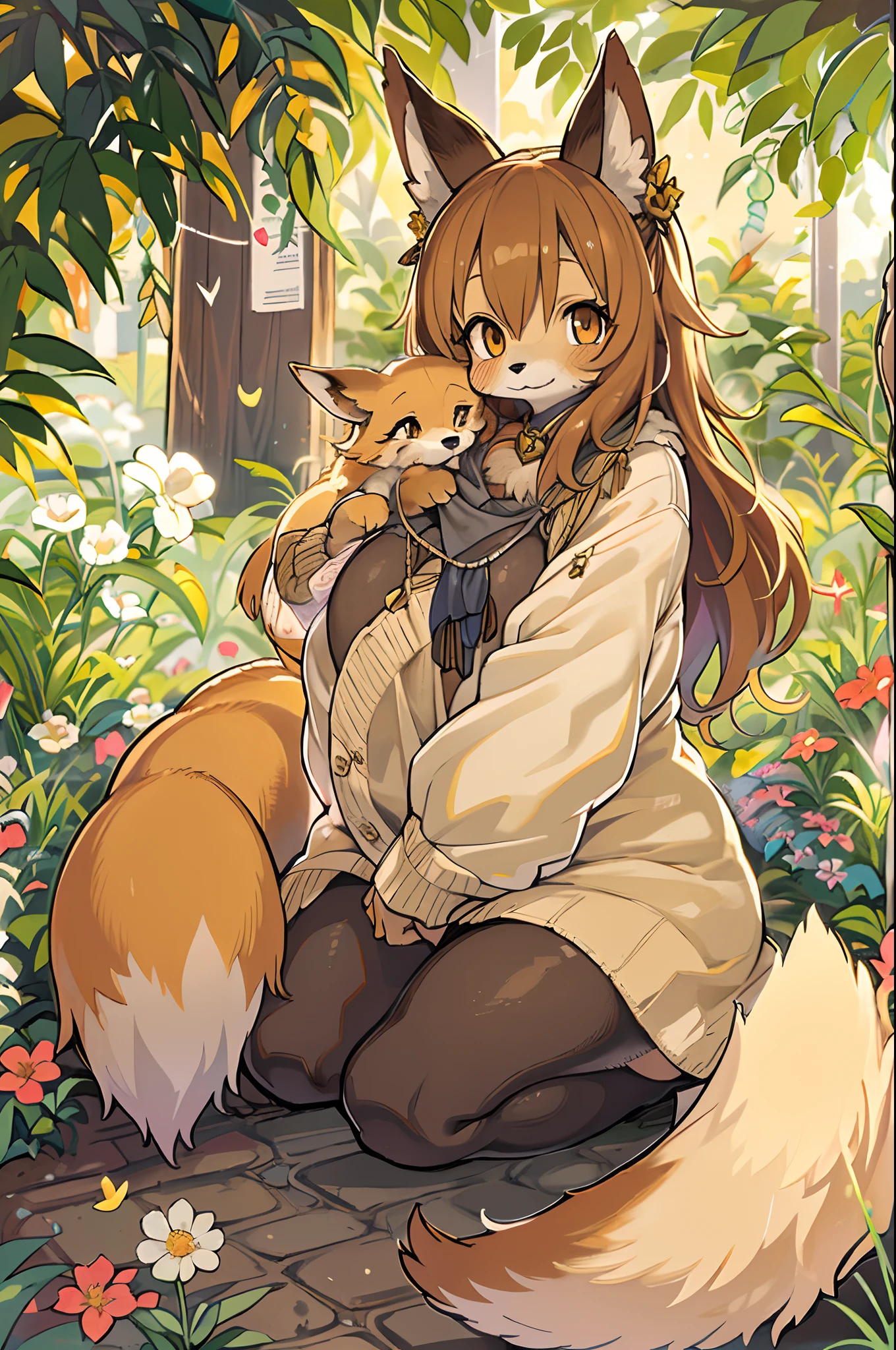 Fox, (Monster Girl), long brown ears with a dark brown inside,,, brown fur, Sunburned neck fluff, brown fluffy tail with a yellow-brown tip,,, Big brown eyes, wearing modest clothing, Sitting in the flower garden, masutepiece, Best Quality、autumnal