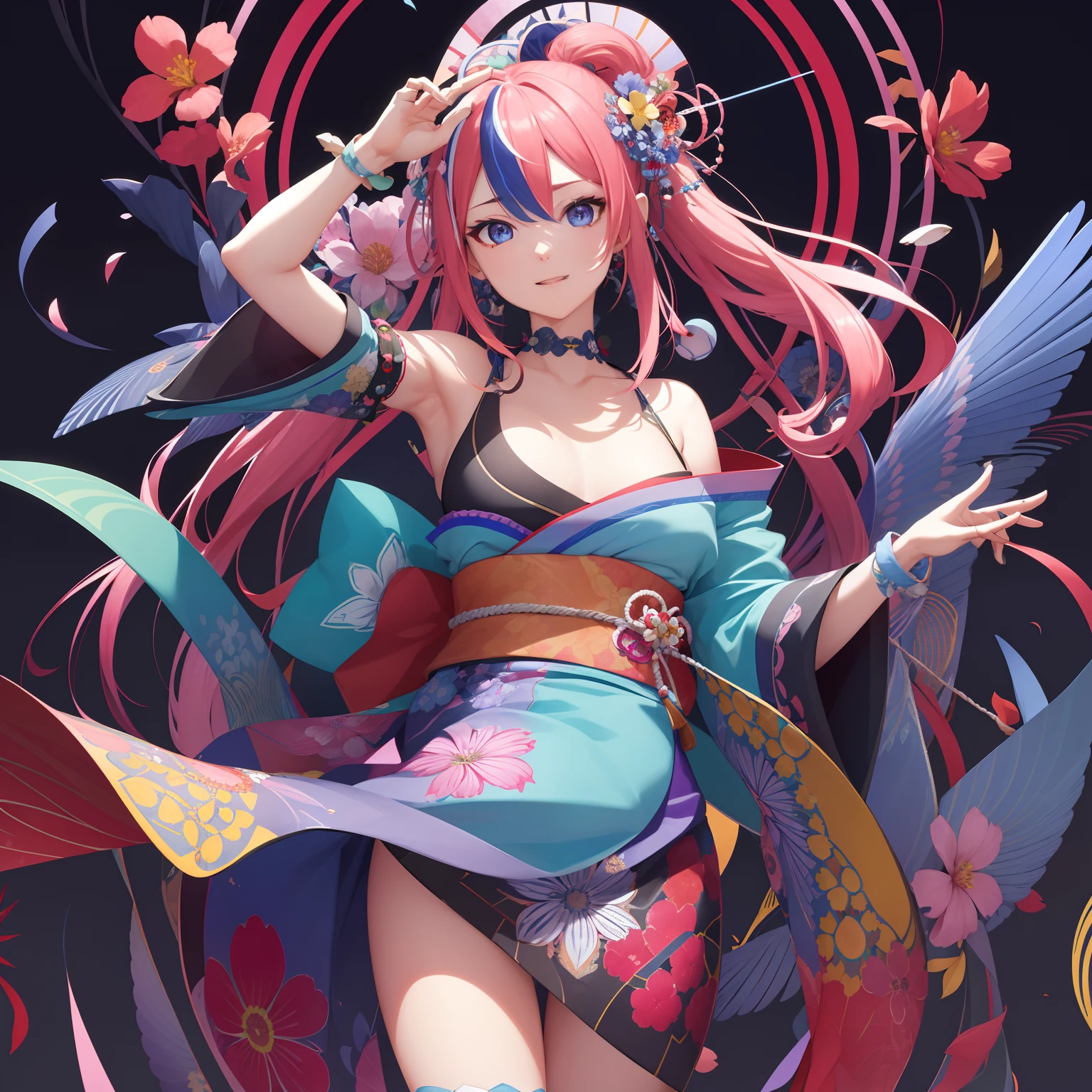 (absurderes、hight resolution、ultra-detailliert)、1girl in、Beautiful woman、Pink twin-tailed hair、length hair、Blue eyes、Red kimono、finely eye and detailed face、the Extremely Detailed CG Unity 8K Wallpapers、intricate-detail、BREAK、kaleidoscopic imagery、Symmetrical pattern、vivd colour、Geometric shapes、mesmerizing designs、optical illusion、Dynamic Composition Breaker、pantomime art、expressive body language、Quiet storytelling、evocative gestures、 visual narratives、Play Break Ha、blooming flowers、Multicolored petals、fragrant scents、nature's bounty、vibrant gardens、Tranquil landscape
