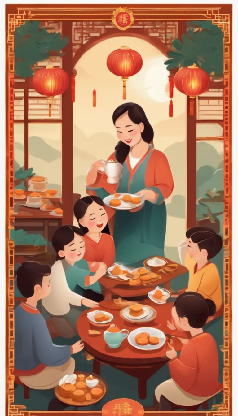 A family eats mooncakes，Men honor their parents with gifts in their hands, Happy family, There are mooncakes on the table,Gift in hand， tea drinking and paper lanterns, Another bright moon in the sky，warm and joyful atmosphere, Digital illustration, Poster illustration, , , digital illustrations , Chinese style painting, , exciting illustration,