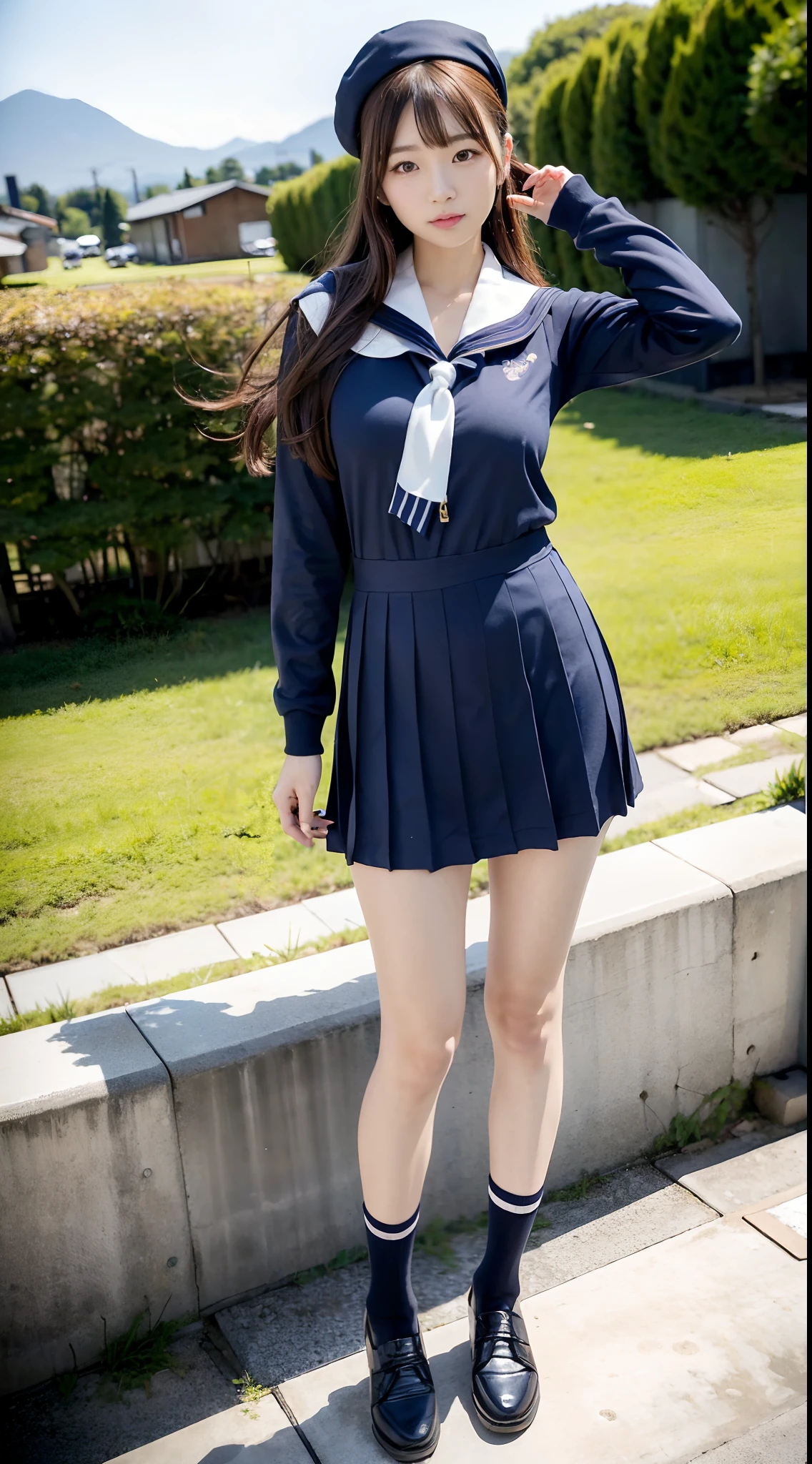 mix4, (16 K, Raw photography, Top image quality, masterpiece: 1.45), (realisitic, Photorealsitic: 1.37), one girls, 7.5, etc、Random hairstyle、Standing figure,Morning time slot、a very cute,countryside view,, profetional lighting, photon maping、physically-based renderingt, Gradient dark brown hair,, a handsome, Well-groomed and beautiful eyes、Large double eyelids、Very shiny、girl with, (((student clothes、Winter clothes、Sailor suit worn by Japan girl、Navy blue sailor color、scarf、a miniskirt, Small beret、high socks、lowfers))), Top Quality Photos, hight resolution, 1080p, (clearface), (Detailed face description), (Detailed hand description), (masterpiece), (Exquisite CG)、extreme light and shadows、dishevled hair、master work、abundant detail、(Fine facial features)、(top quality photo)、(masuter piece)、(A detailed eye)、Look in front of you、Fine clavicle、((Slender big))、(((Japan schooln sailor suit)))、((Idle system))、((country、train track、railroad crossing、Mountains in the distance々))、(((neat and cute)))、耳Nipple Ring、A big smile、Drawing the whole body from the knees、Do not draw nasolabial folds、(((Cute sailor suit)))、(Big breasts that hang down big:1.2)、Big buttocks with tension、Two arms and two legs、(((from the front side:0.3)))、bare hand、No mask、