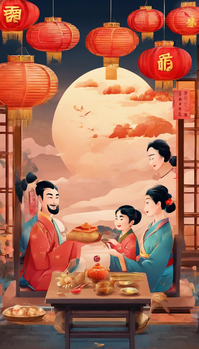 A family eats mooncakes，Men honor their parents with gifts in their hands, Happy family, There are mooncakes on the table,Gift in hand， tea drinking and paper lanterns, Another bright moon in the sky，warm and joyful atmosphere, Digital illustration, Poster illustration, , , digital illustrations , Chinese style painting, , exciting illustration,