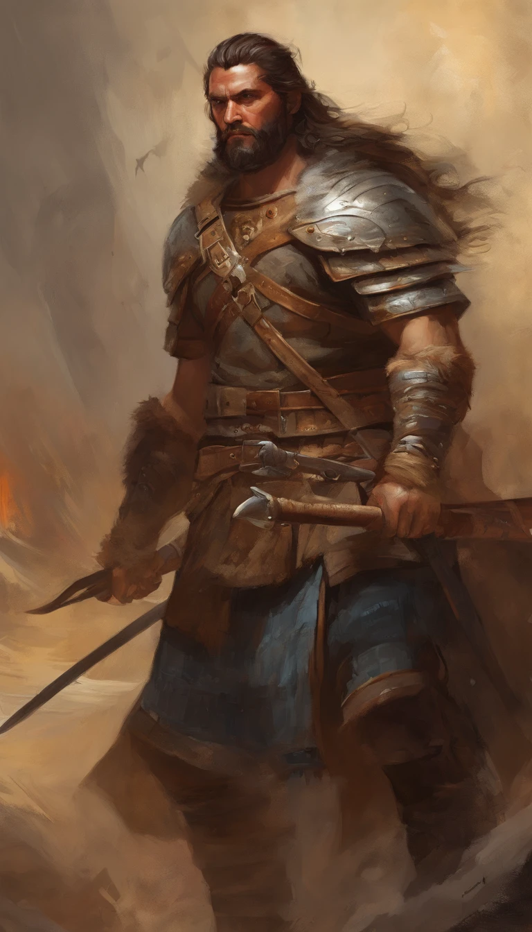 General Hannibal, male in a brown outfit with a sword, highly detailed character, viking warrior, epic viking king, norse ancient epic hero, muscular long haired with tattoo Philippine God of War, on horse back, modelshoot style, (extremely detailed CG 8k wallpaper), body photo of the most beautiful artwork in the world, medieval armor, body portrait, Nimrod the first king of Babylon, hunter, barbarian, macho man, majestic professional oil painting by Ed Blinkey, Atey Ghailan, Studio Ghibli, by Jeremy Mann, Greg Manchess, Antonio Moro, trend at ArtStation, trend at CGSociety, Intricate, High Detail, Sharp Focus, Dramatic and Photorealistic Painting Art by Midjourney and Greg Rutkowski