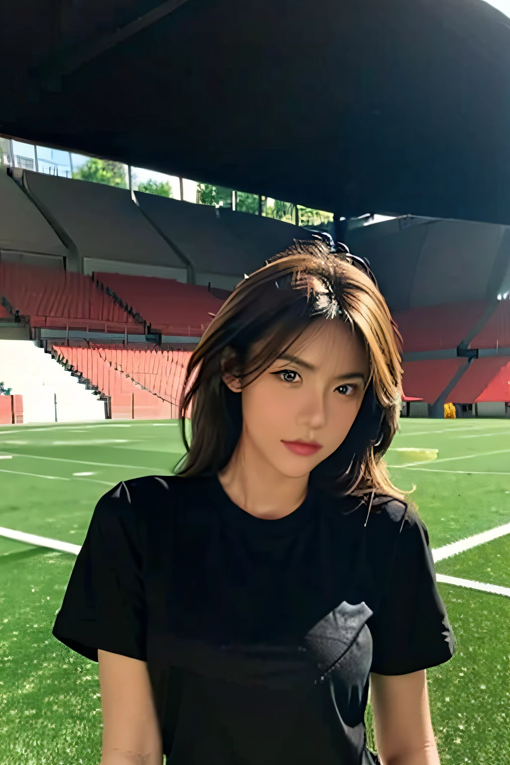 Beautiful girl wearing black t-shirt, brown eyes, neat brown hair, light makeup, sunlight, daytime, outside on the football field.