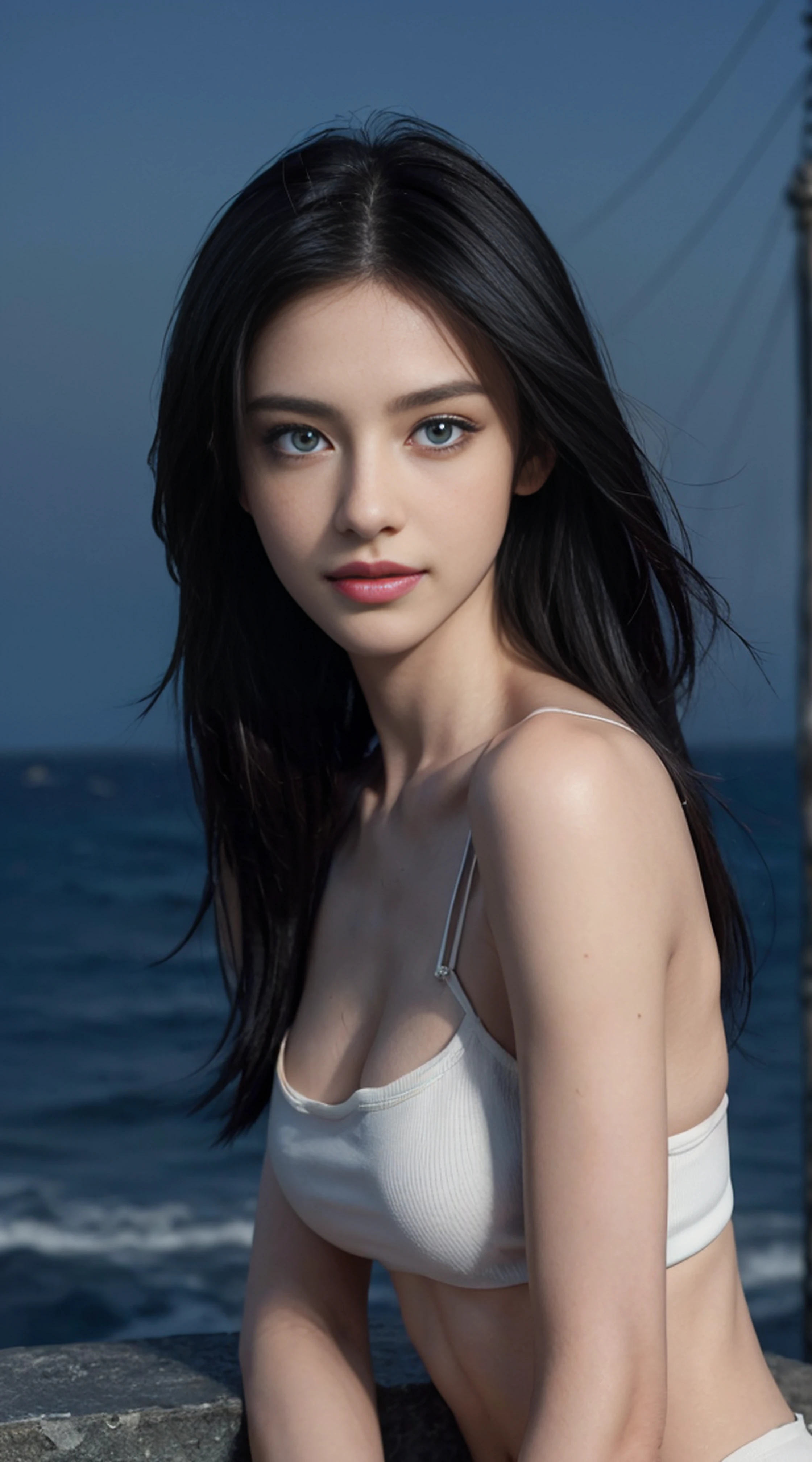 8K, Top Quality, Intricate Details, Ultra Detail, Ultra High Resolution, Masterpiece, random angle, Slender, Smile, (Makeup: 0.4), (Fluffy Blue Eyes: 1.21), blue Eyes, looking at viewer, ((full body)), 1girl, solo, 1 girl, (( full body)), close up shot, , ((tall)), (((fit body))), (((slim face))), sharp face, sharp eyes, (((black hair, long hair, )) (detailed face), sharp face, small lips,
(( Cheongsam)), detailed face, detailed breast, , large breast, detail ass, , Beautiful girl with accentuated slender abs: 1.4, Six Pack Abs: 1.4, Bust Botox, Big, Perfect Body, detail leg, (( moonlight)), top of mountain