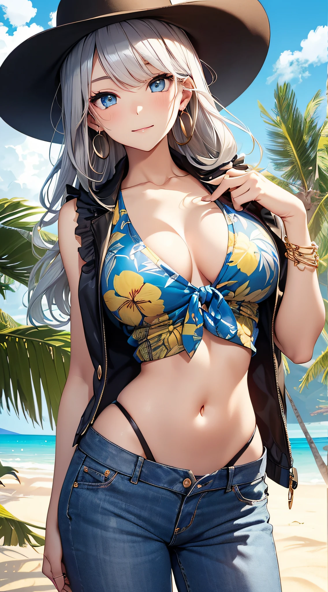 top-quality、Top image quality、​masterpiece、girl with((18year old、 Beautiful Aloha Shirts、White navel tank top、Black vest、Blue long trousers、Best Bust、Bust 85、a blond、Semi-long、Cowboy Hat、Blue eyes、open chest wide、Valley、Happiness、A slender、Shy face、Gold Earrings、Silver keychain at waist...、Seduction poses、reaching out her hands、Straighten your back)）hiquality、Beautiful Art、Background with((Beautiful sunny beaches in Hawaii))、masutepiece、Elaborate design、visualart